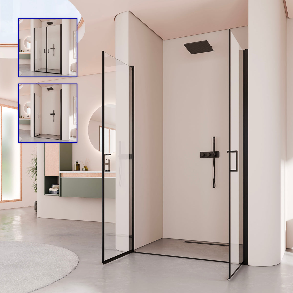 LARA - Mampara de ducha con puertas abatibles de vidrio templado de 6 mm y perfil negro mate