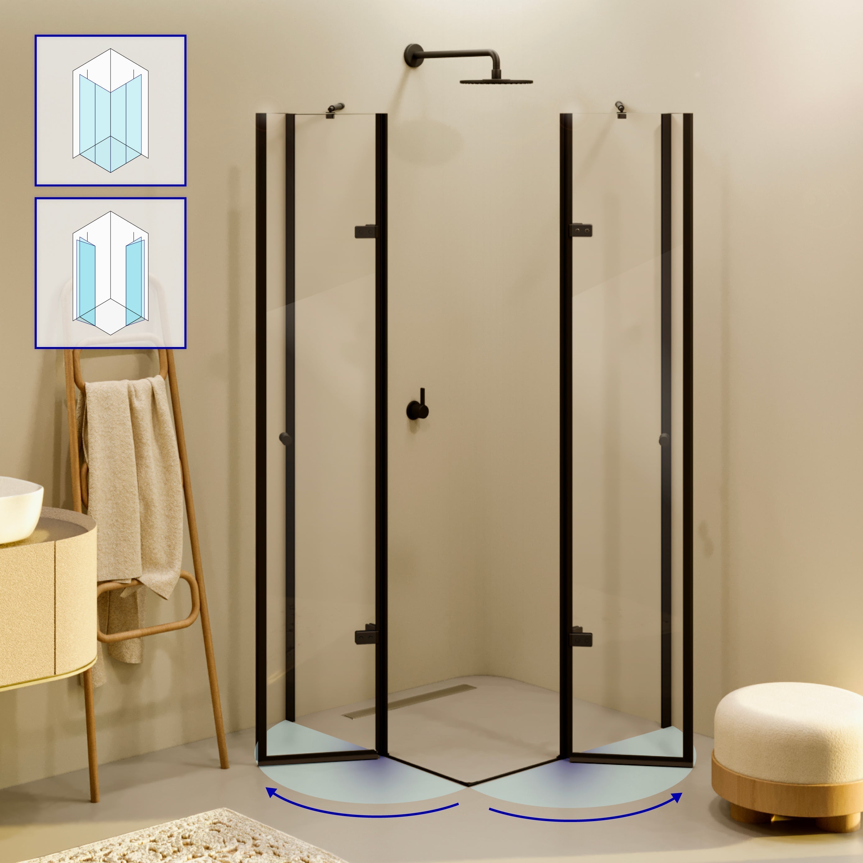 ALICE - Cabine de duche de canto com portas articuladas, vidro temperado e perfil preto mate