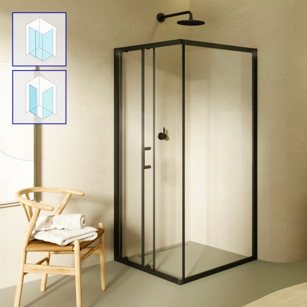 DORA - Cabina de ducha con puertas correderas, cristal templado y perfil negro mate