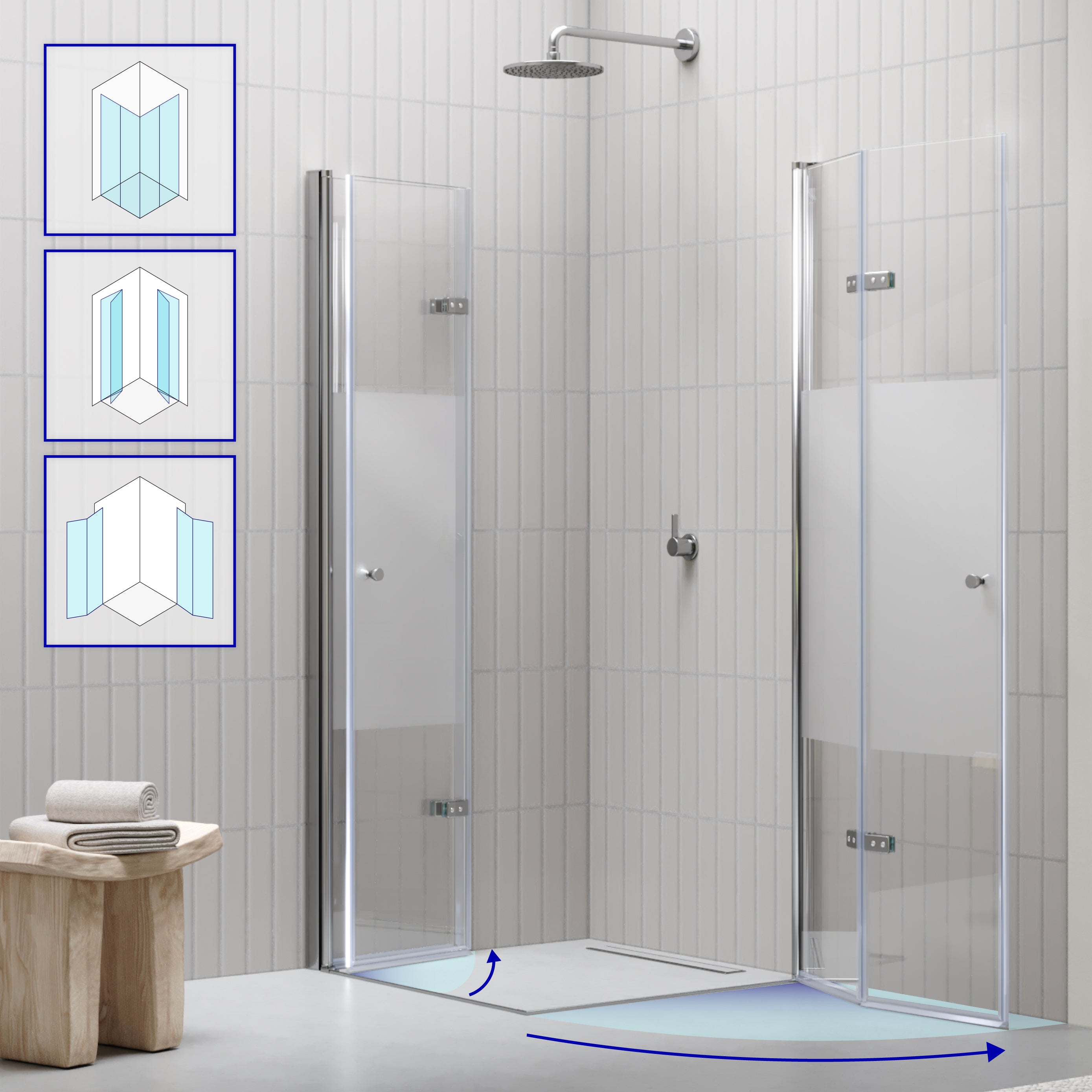 EMMA - Cabine de duche com portas articuladas, vidro meio fosco 6 mm e perfil cromado