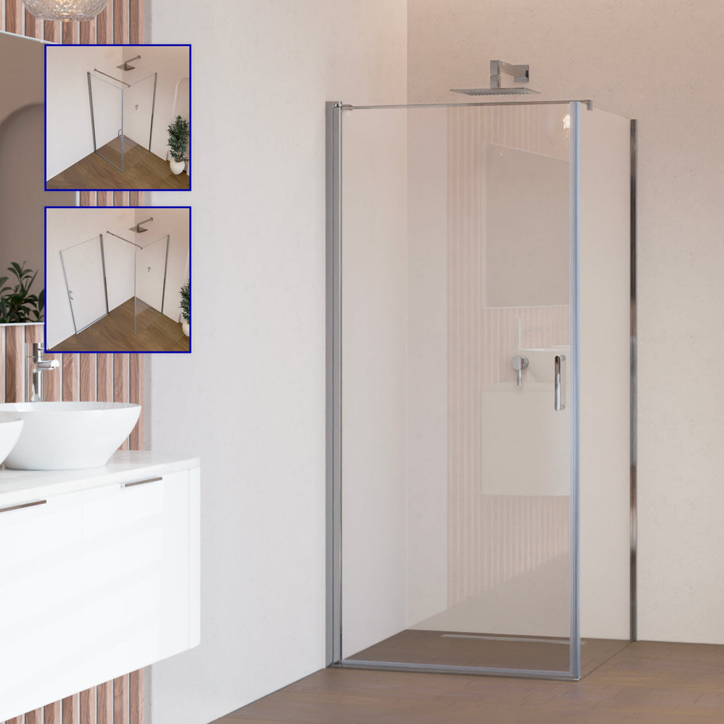 HELLEN - Cabine de duche frontal com portas articuladas em vidro temperado e perfil cromado