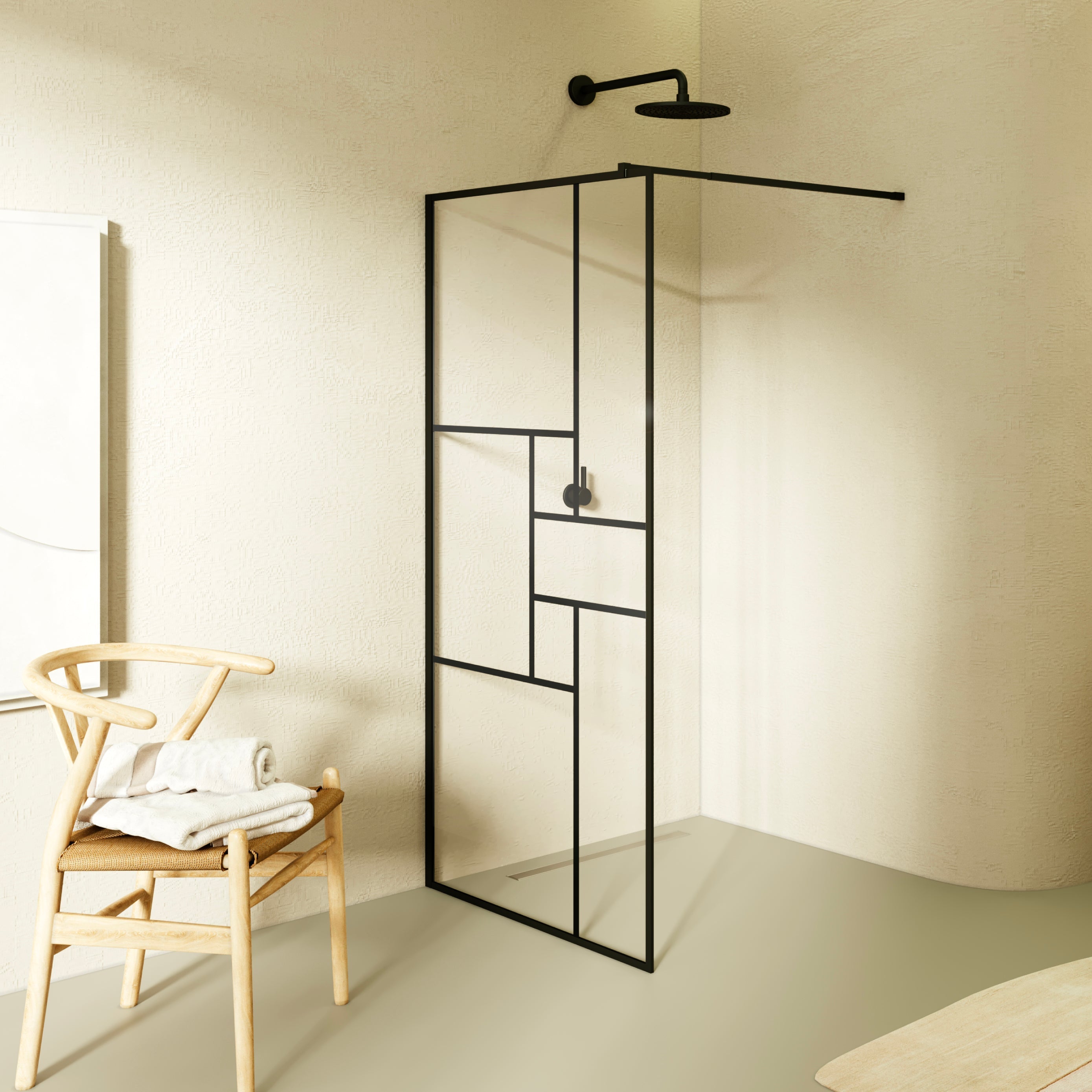 GIANNA - Painel de duche Walk-In em vidro temperado com blocos e perfil preto mate