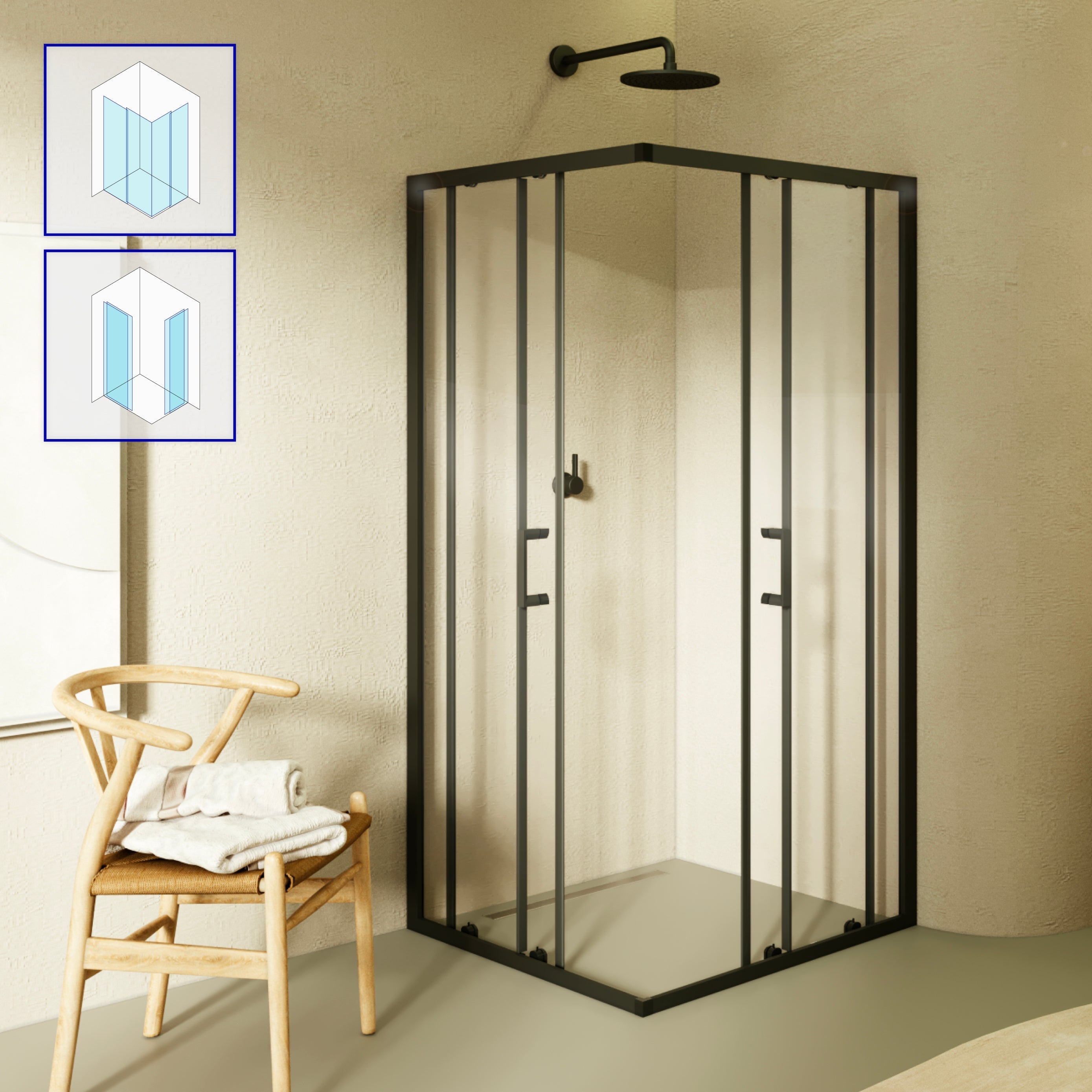 DIANA - Cabine de duche de canto com portas de correr, vidro temperado e perfil preto mate