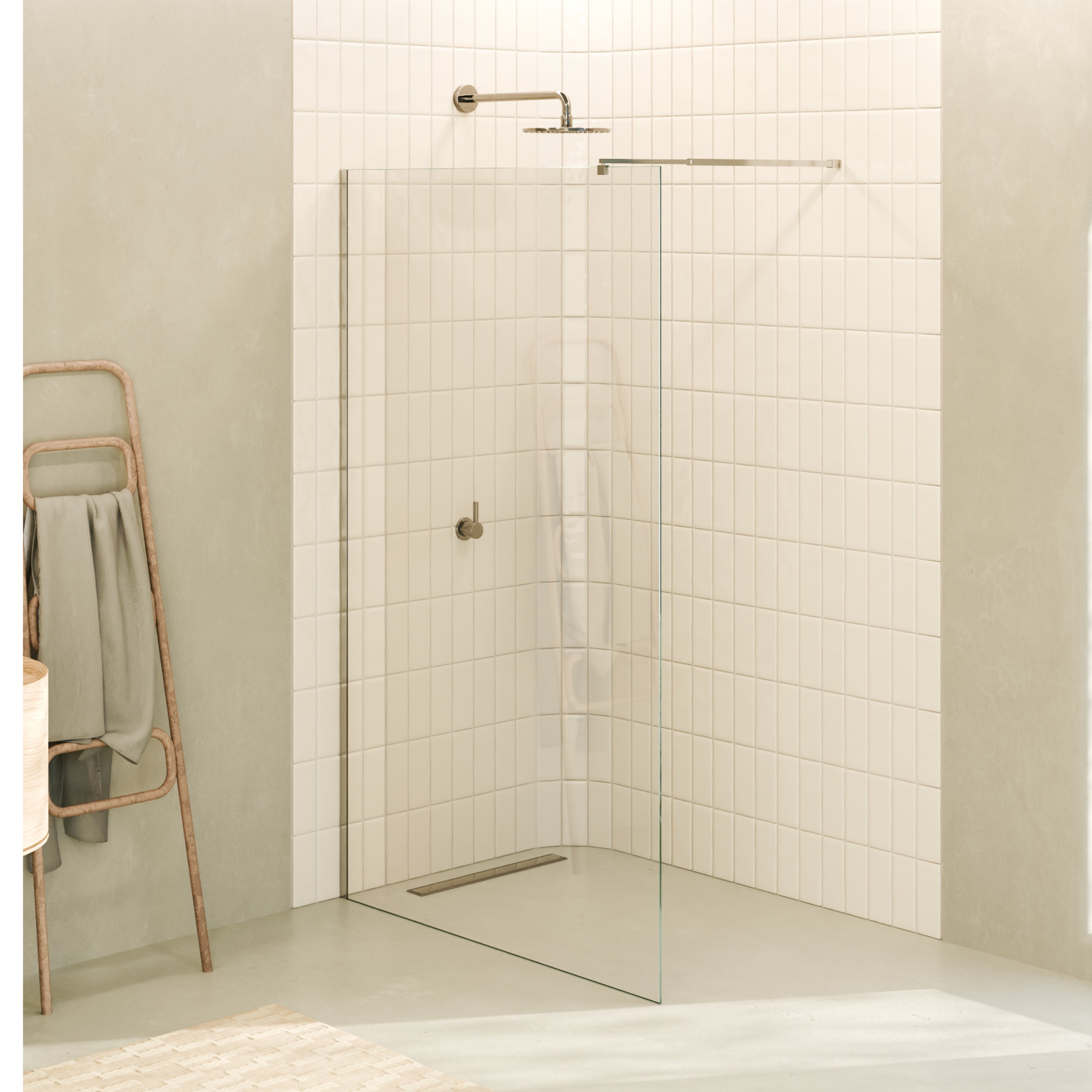 FIONA - Painel de duche walk-in em vidro temperado 8 mm com perfil cromado e barra 22M
