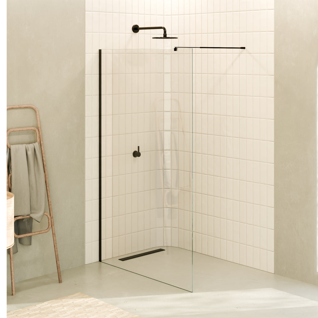 FIONA - Painel de duche walk-in em vidro temperado 8 mm com perfil preto mate e barra 23BM