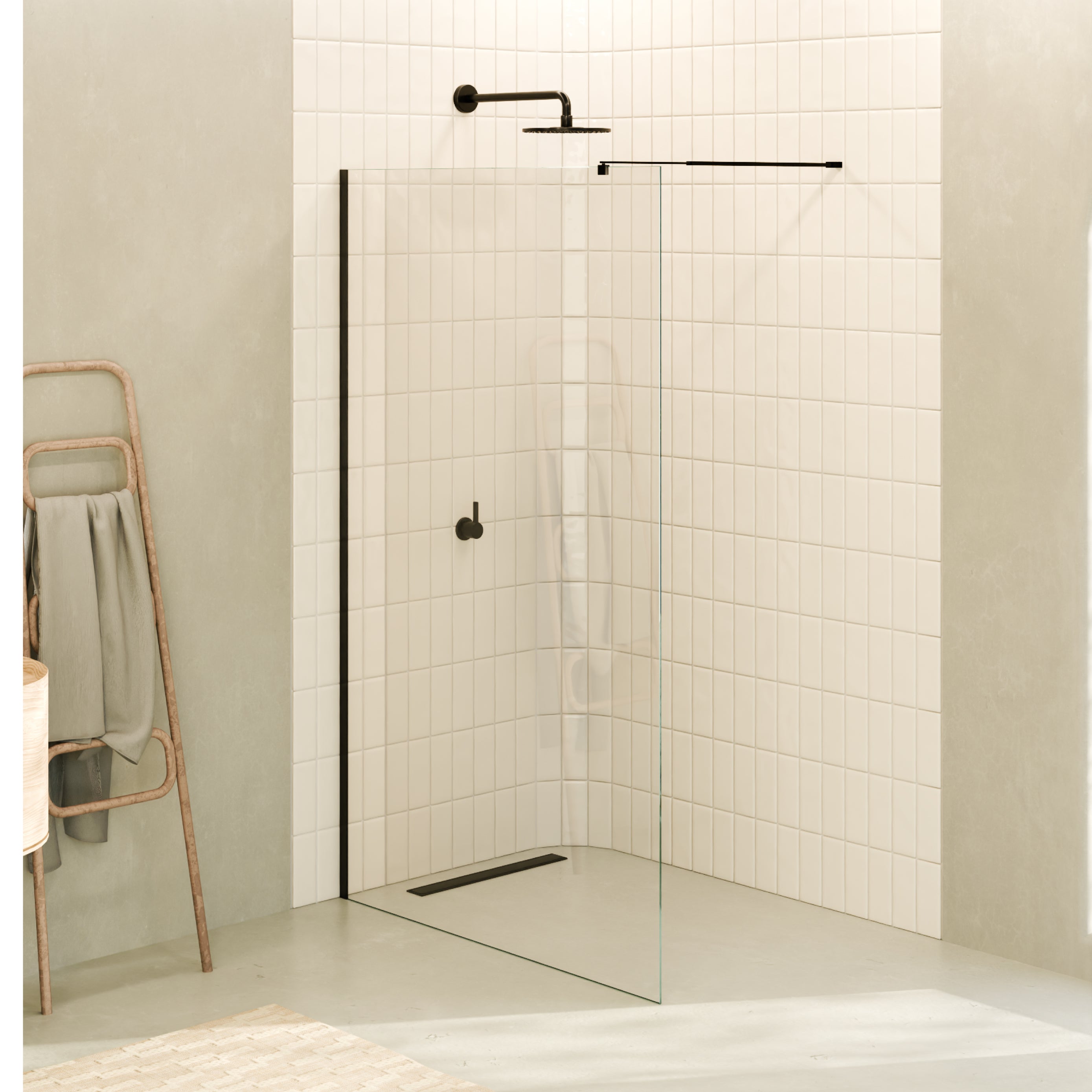 FIONA - Painel de duche walk-in em vidro temperado 8 mm com perfil preto mate e barra 23BM