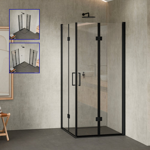BELLE - Cabina de ducha angular con puertas plegables de cristal templado y perfil negro mate