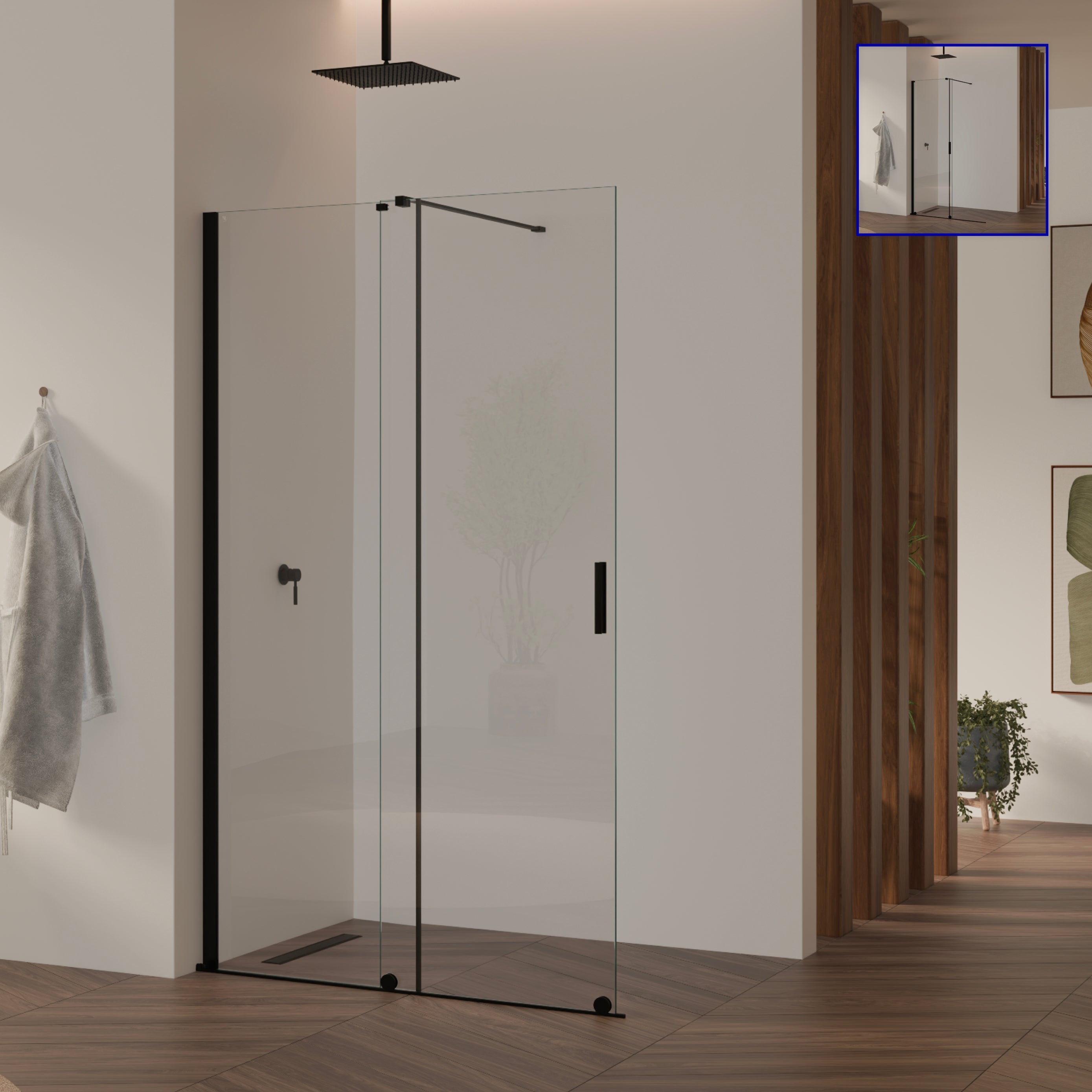 NADINE - Painel de duche Walk-In em vidro temperado 8 mm com perfil preto mate