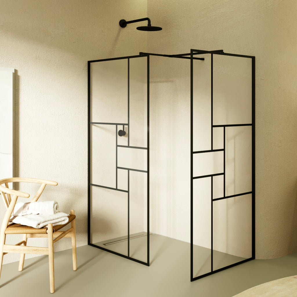 GIANNA - Mampara de ducha walk-in con 2 paneles de cristal templado con bloques y perfil negro mate