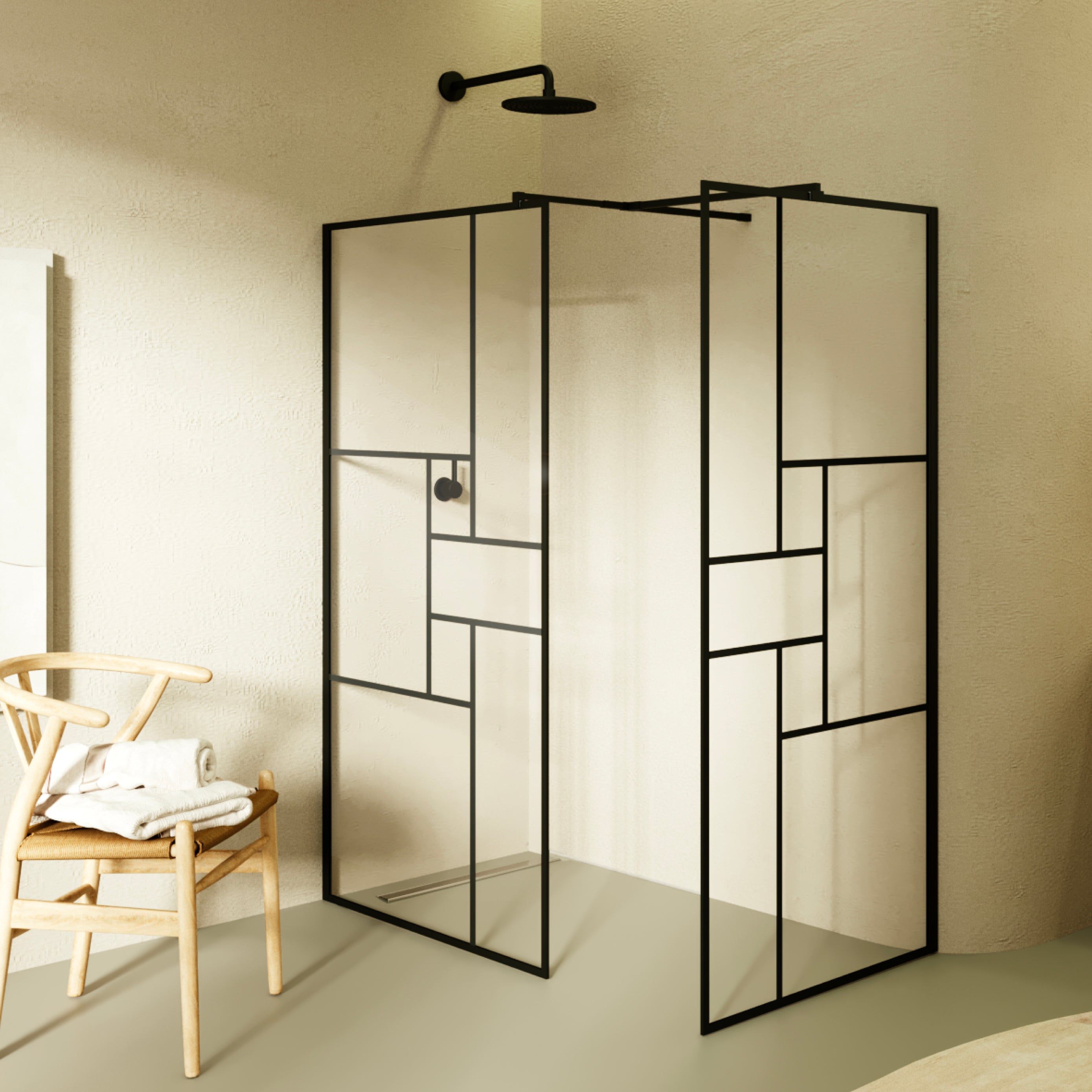 GIANNA - Painel de duche Walk-In com 2 painéis em vidro temperado com blocos e perfil preto mate