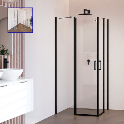 LINDA - Box doccia angolare con ante a battente in vetro temperato e profilo nero opaco