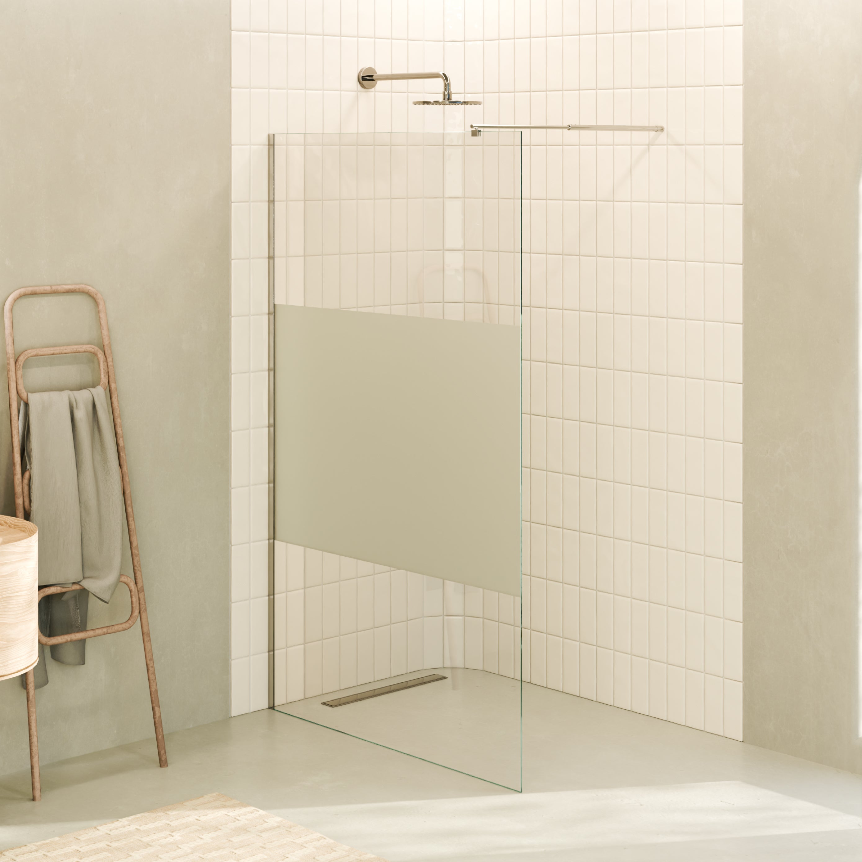 FIONA - Painel de duche Walk-In em vidro temperado meio fosco 10 mm com perfil cromado