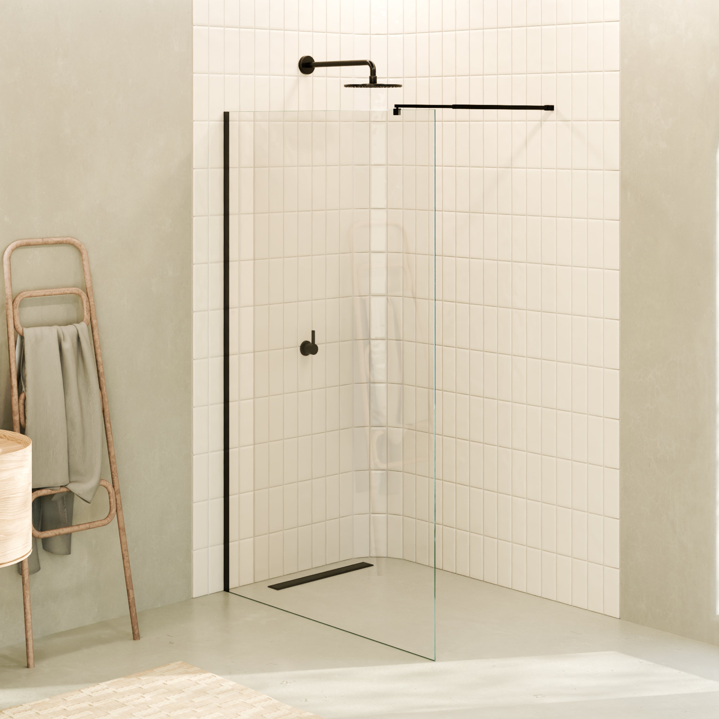FIONA - Painel de duche walk-in em vidro temperado 8 mm com perfil preto mate e barra 22BM
