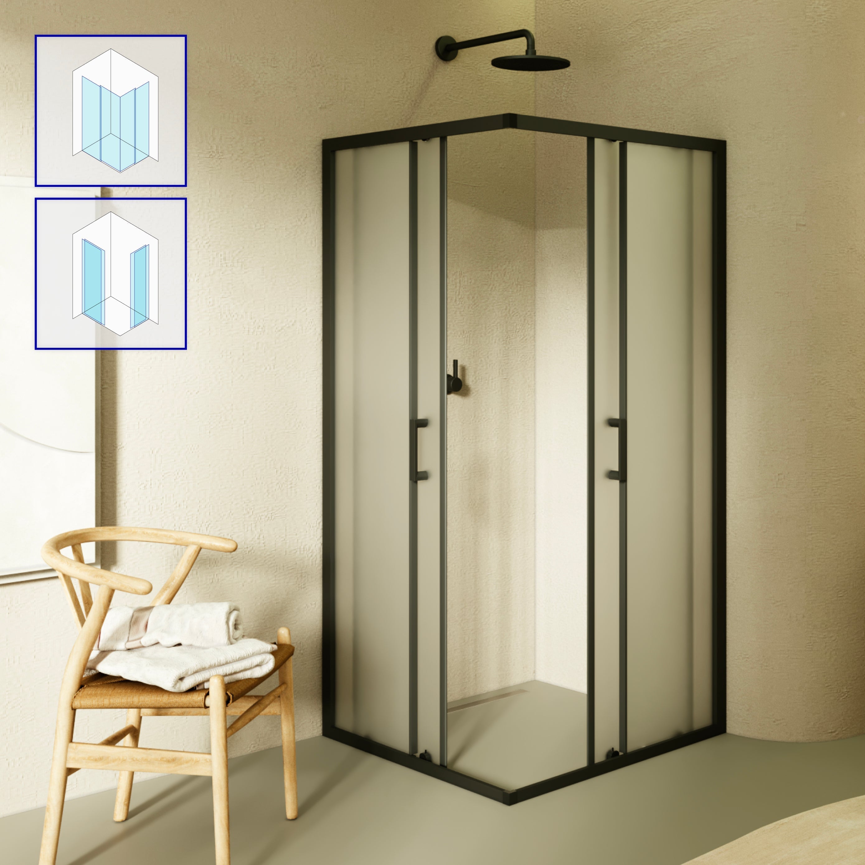 DIANA - Cabine de duche de canto com portas de correr em vidro temperado fosco e perfil preto mate