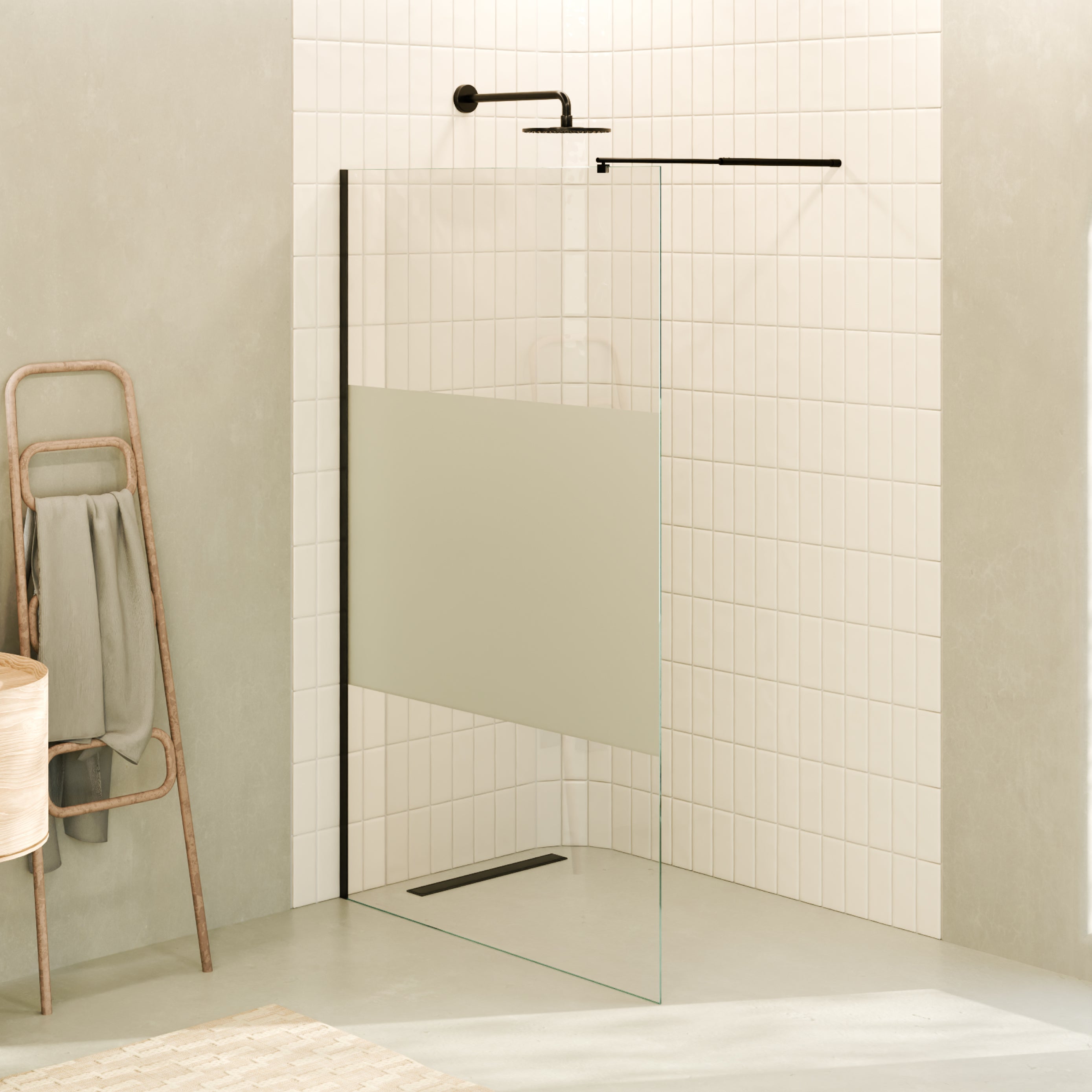 OLIVIA - Painel de duche Walk-In em vidro temperado meio fosco 10 mm com perfil preto mate