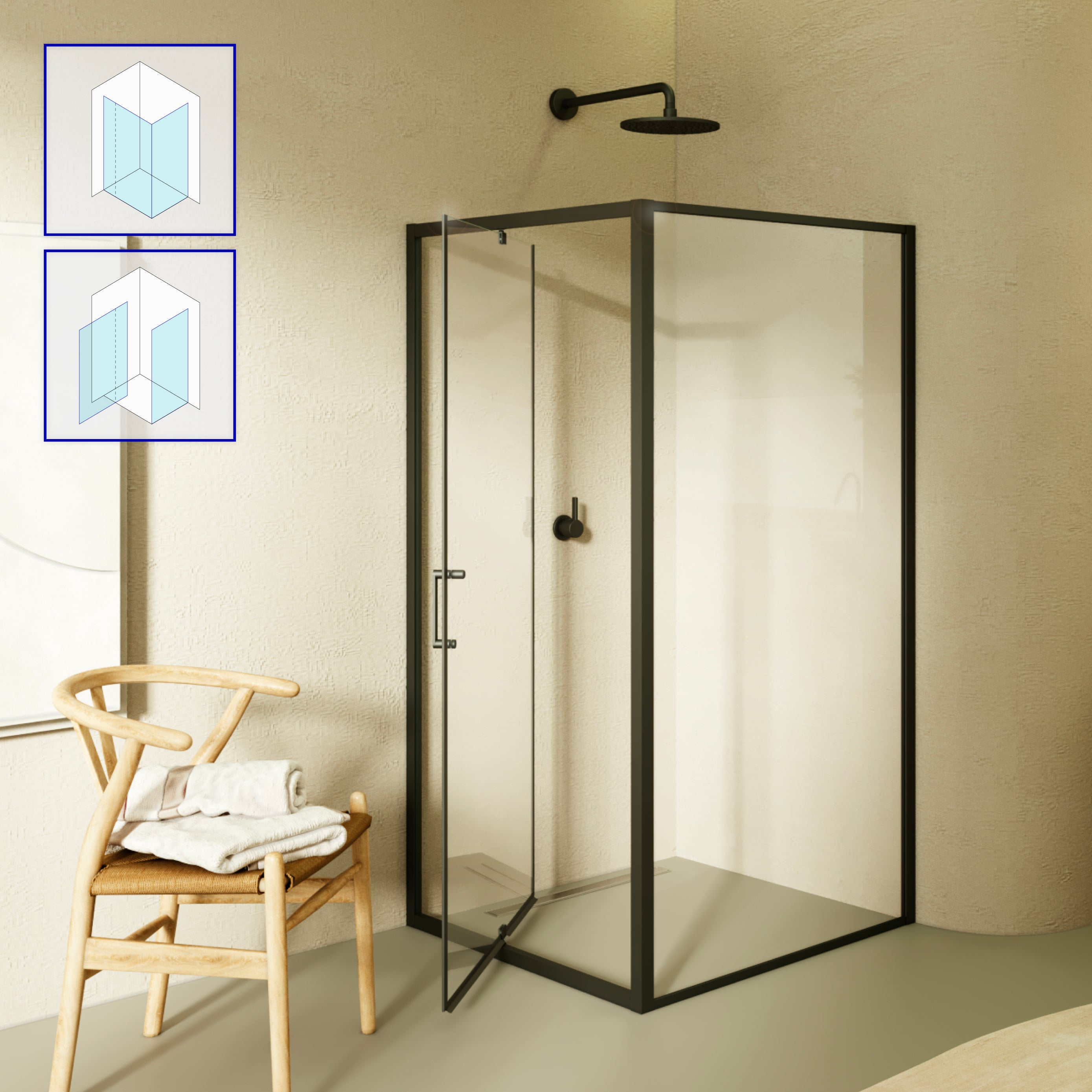 ISADORA - Cabine de duche frontal com portas articuladas em vidro temperado e perfil preto mate