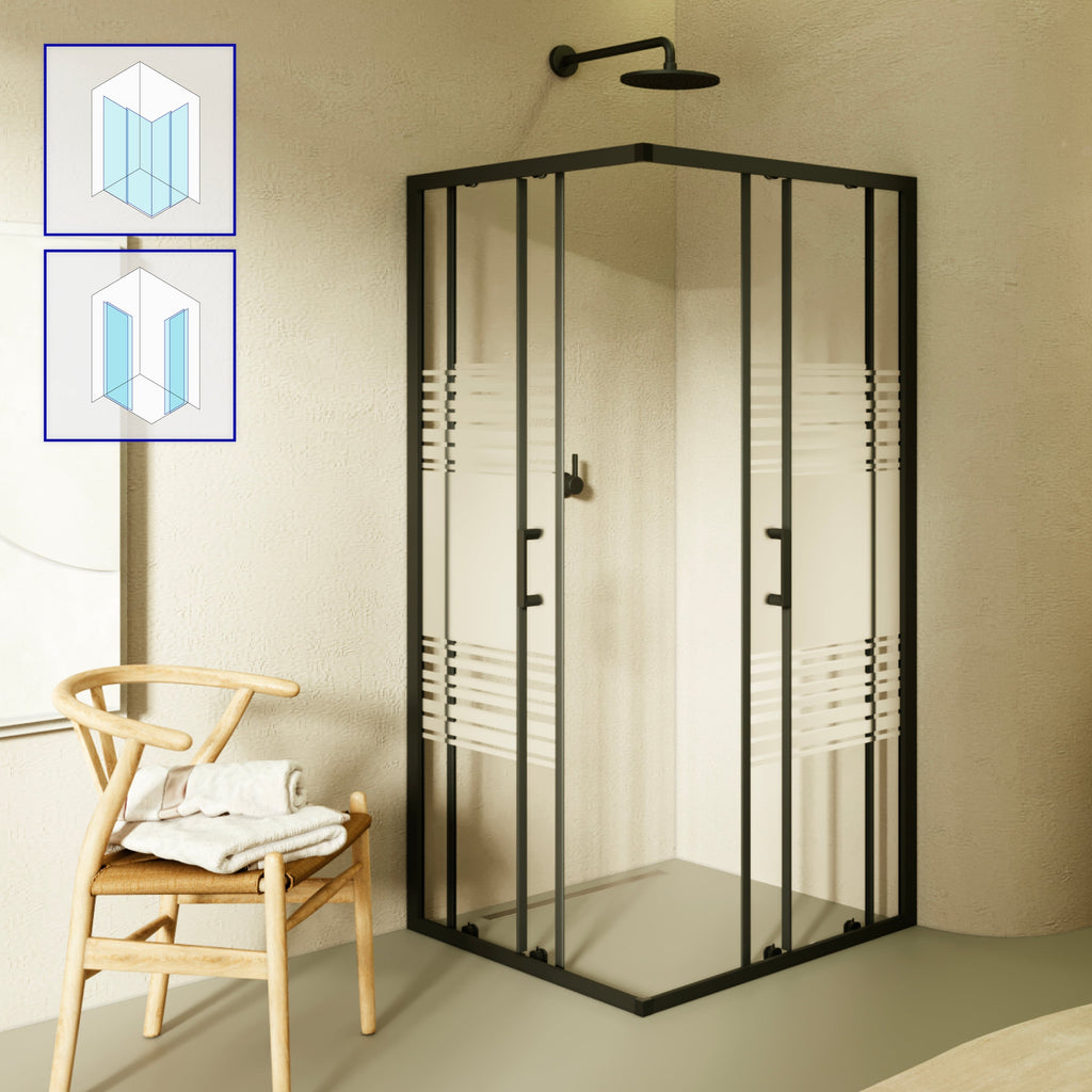 DIANA - Cabina de ducha de esquina con puertas correderas de cristal templado semi-esmerilado y perfil negro mate