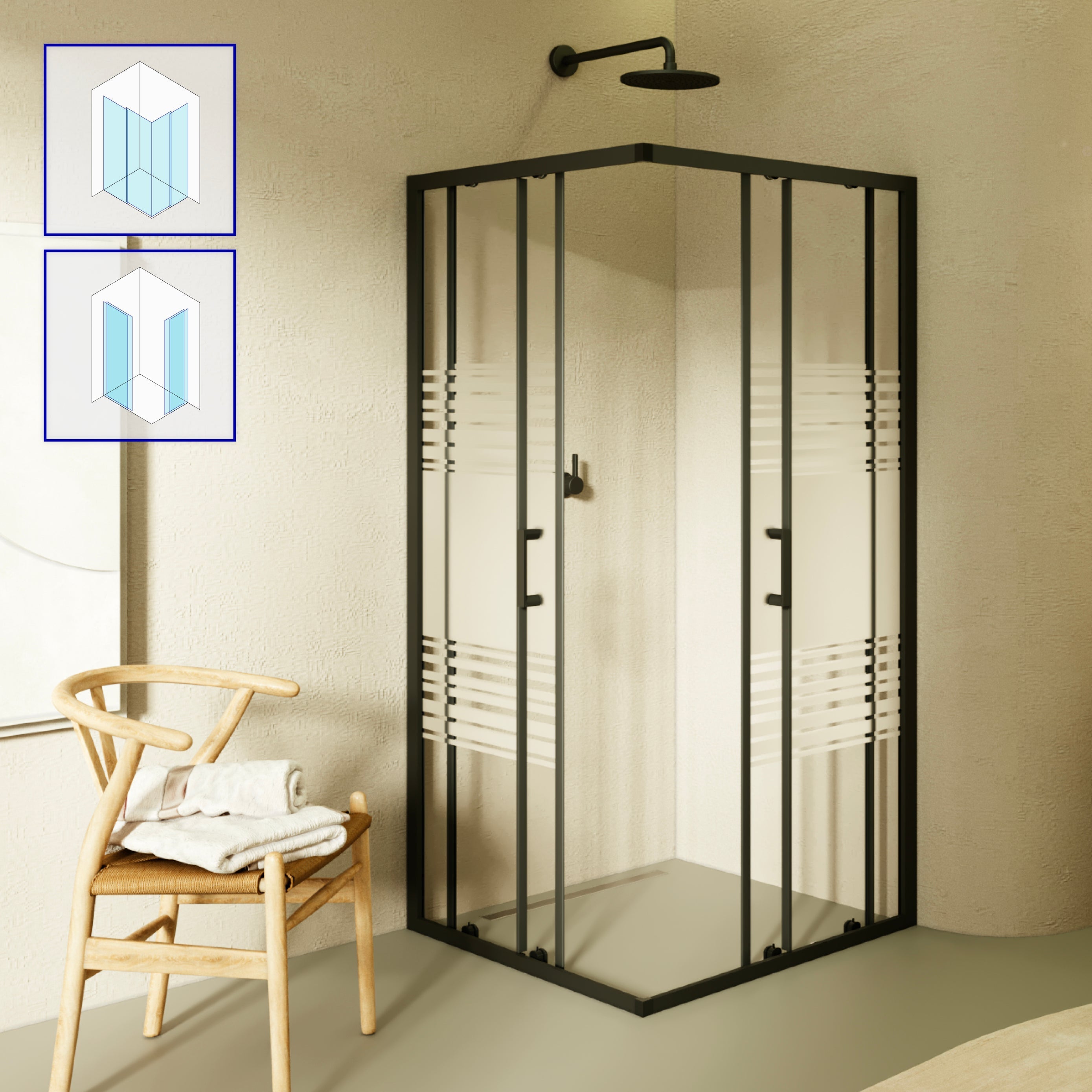 DIANA - Cabine de duche de canto com portas de correr em vidro temperado meio fosco e perfil preto mate