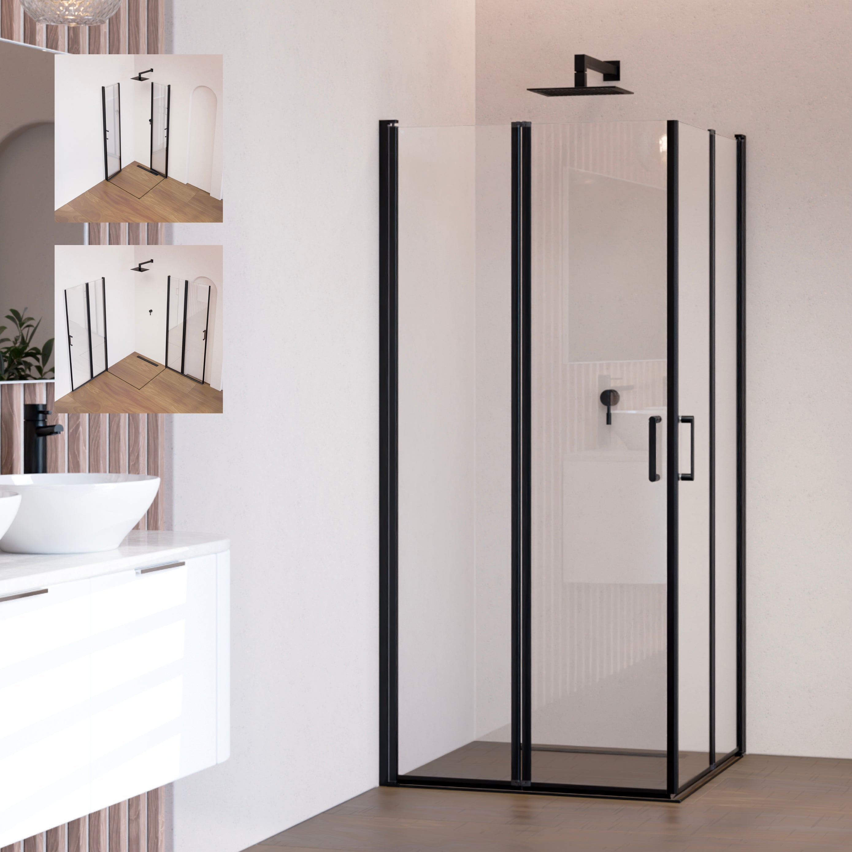 ALINA - Cabine de duche de canto com portas dobráveis em vidro temperado e perfil preto mate