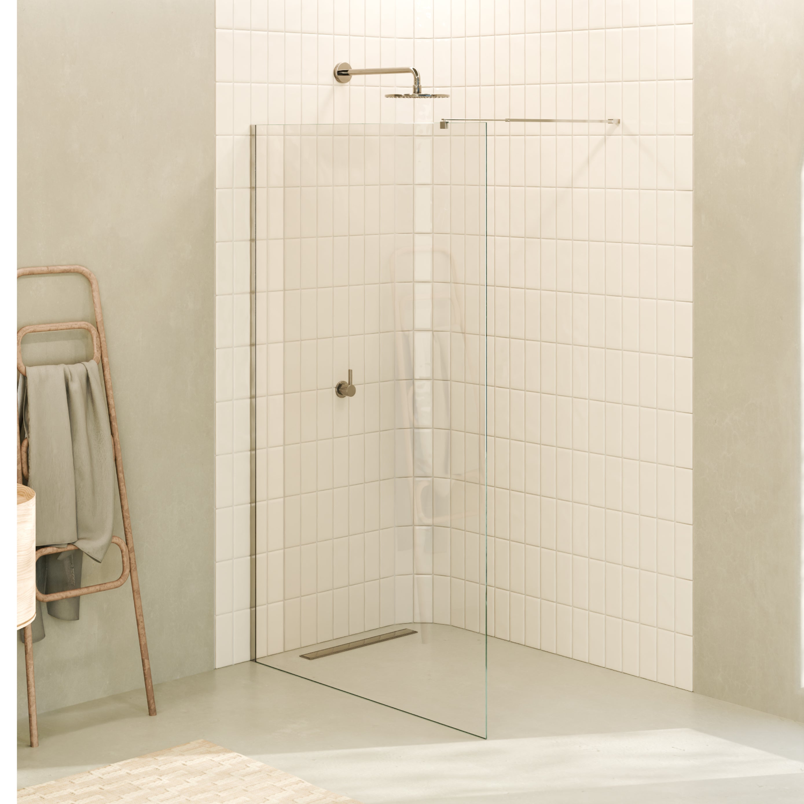FIONA - Painel de duche walk-in em vidro temperado 8 mm com perfil cromado e barra 23M