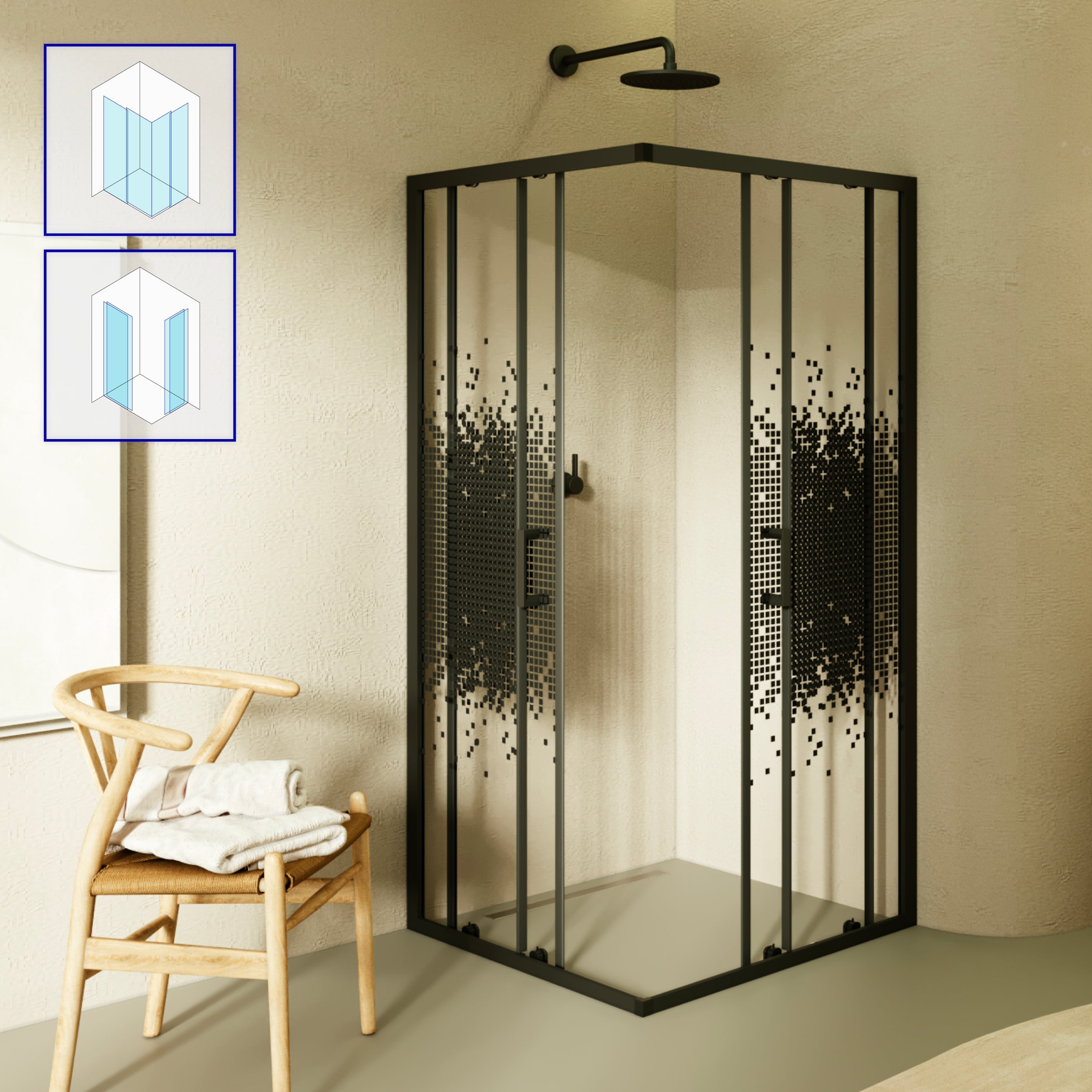 DIANA - Cabine de duche de canto com portas de correr em vidro temperado aos quadrados