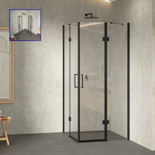 CELINE - Mampara de ducha angular con puertas batientes de cristal templado y perfil negro mate
