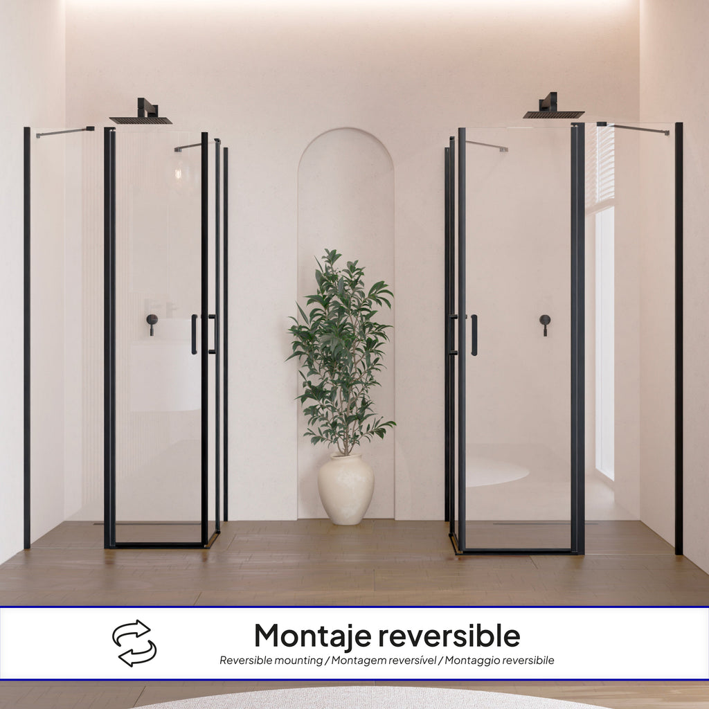 LINDA - Cabine de duche de canto com portas articuladas em vidro temperado e perfil preto mate
