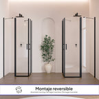 LINDA - Cabine de duche de canto com portas articuladas em vidro temperado e perfil preto mate