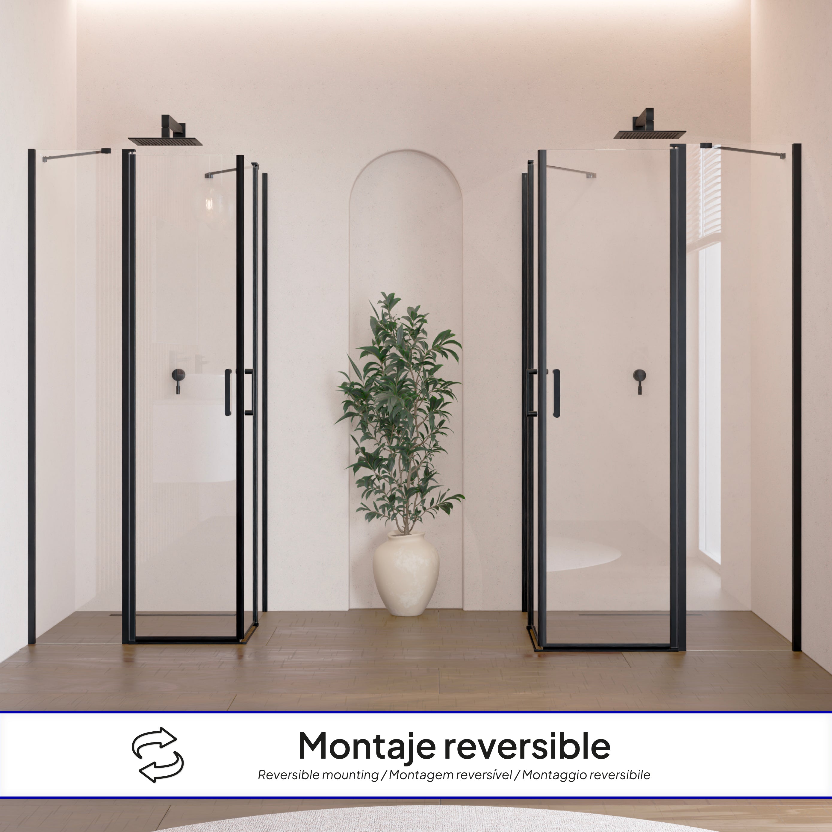 LINDA - Cabine de duche de canto com portas articuladas em vidro temperado e perfil preto mate