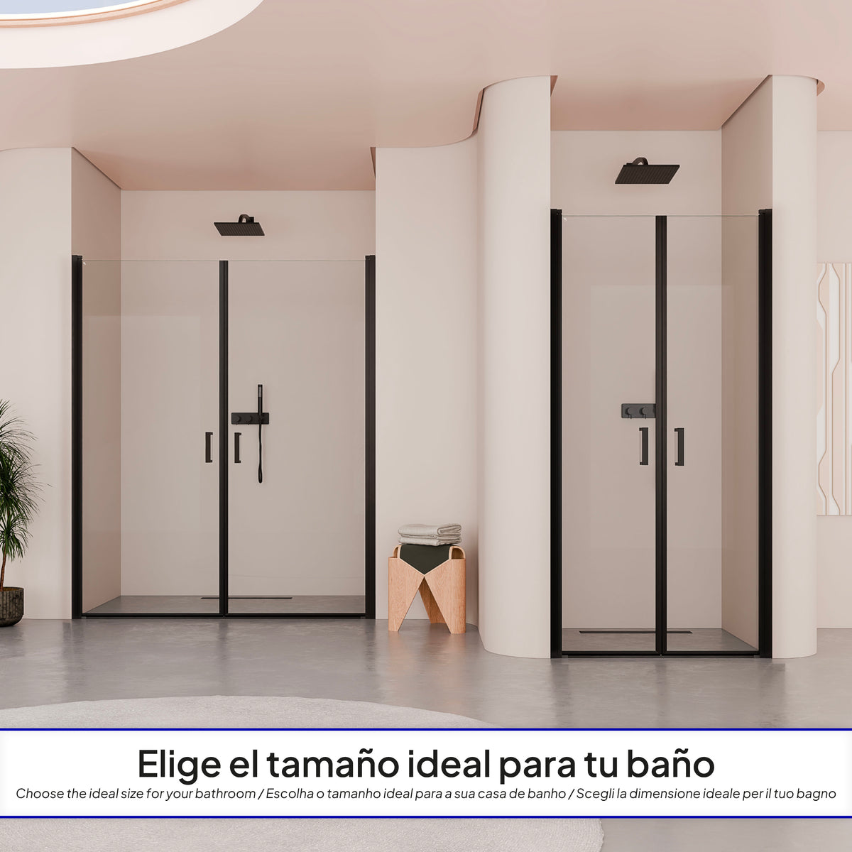 LARA - Mampara de ducha con puertas abatibles de vidrio templado de 6 mm y perfil negro mate