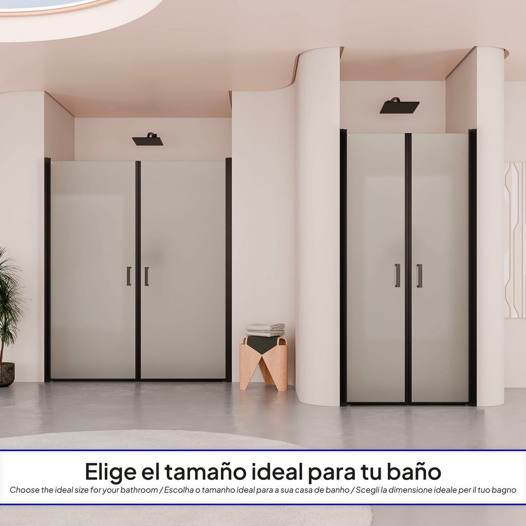 LARA - Puerta de ducha con puertas abatibles de cristal templado esmerilado de 6 mm y perfil negro mate