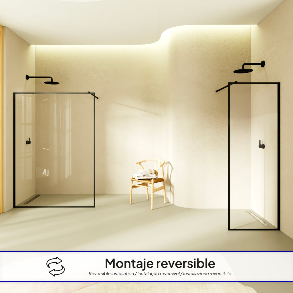 GIANNA - Painel de duche Walk-In em vidro temperado com perfil preto mate