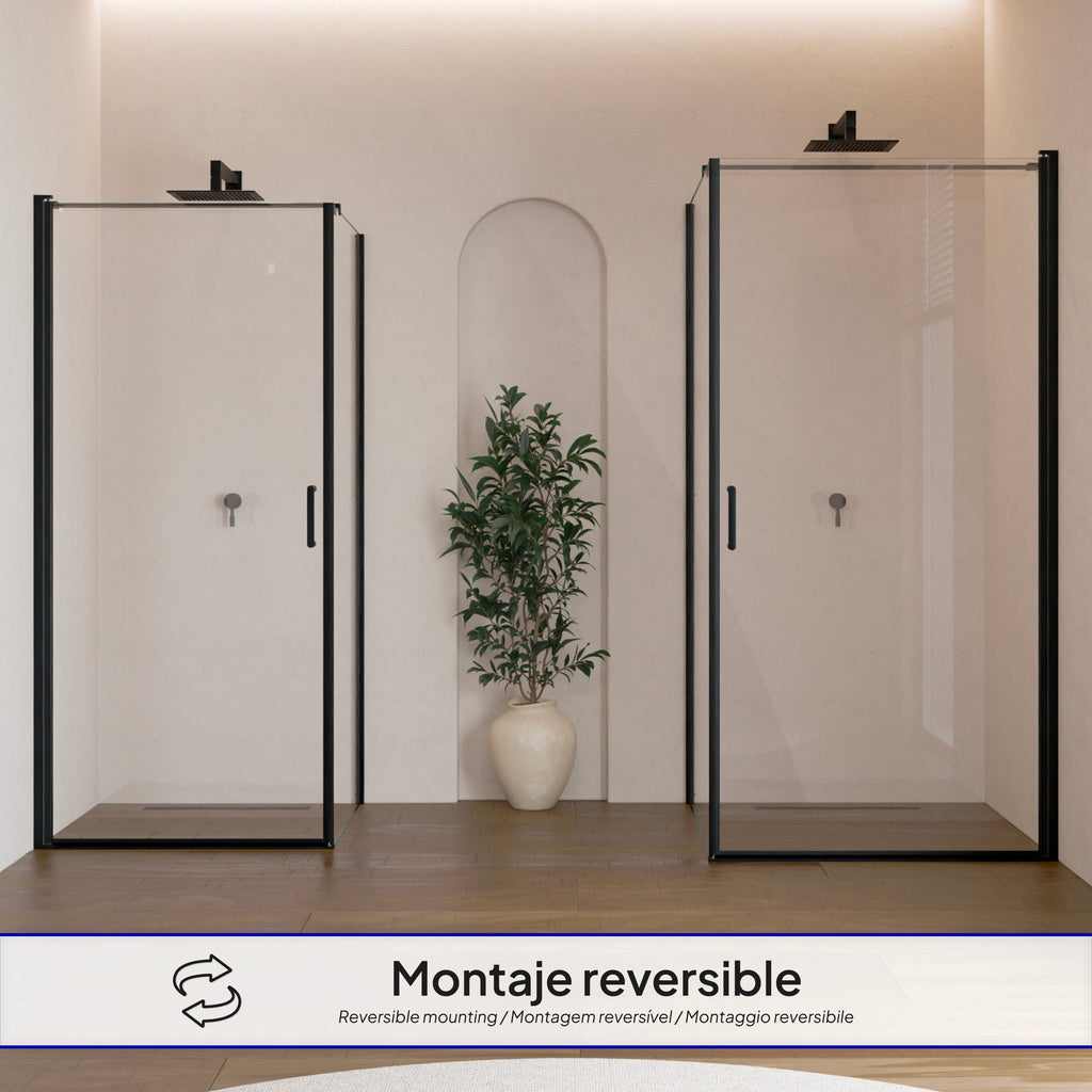 HELLEN - Cabine de duche frontal com portas articuladas em vidro temperado e perfil preto mate