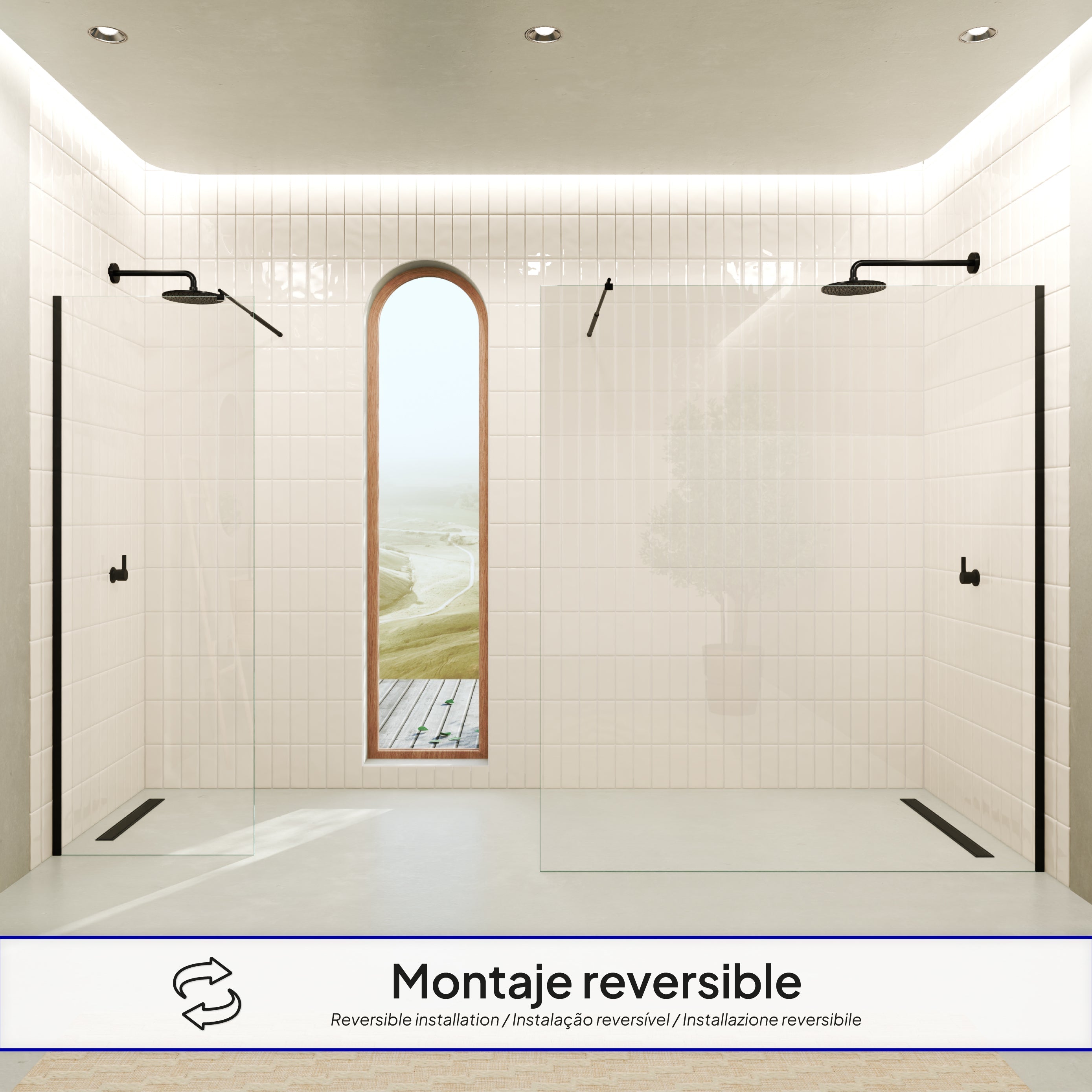 FIONA - Painel de duche Walk-In em vidro temperado 10 mm com perfil preto mate