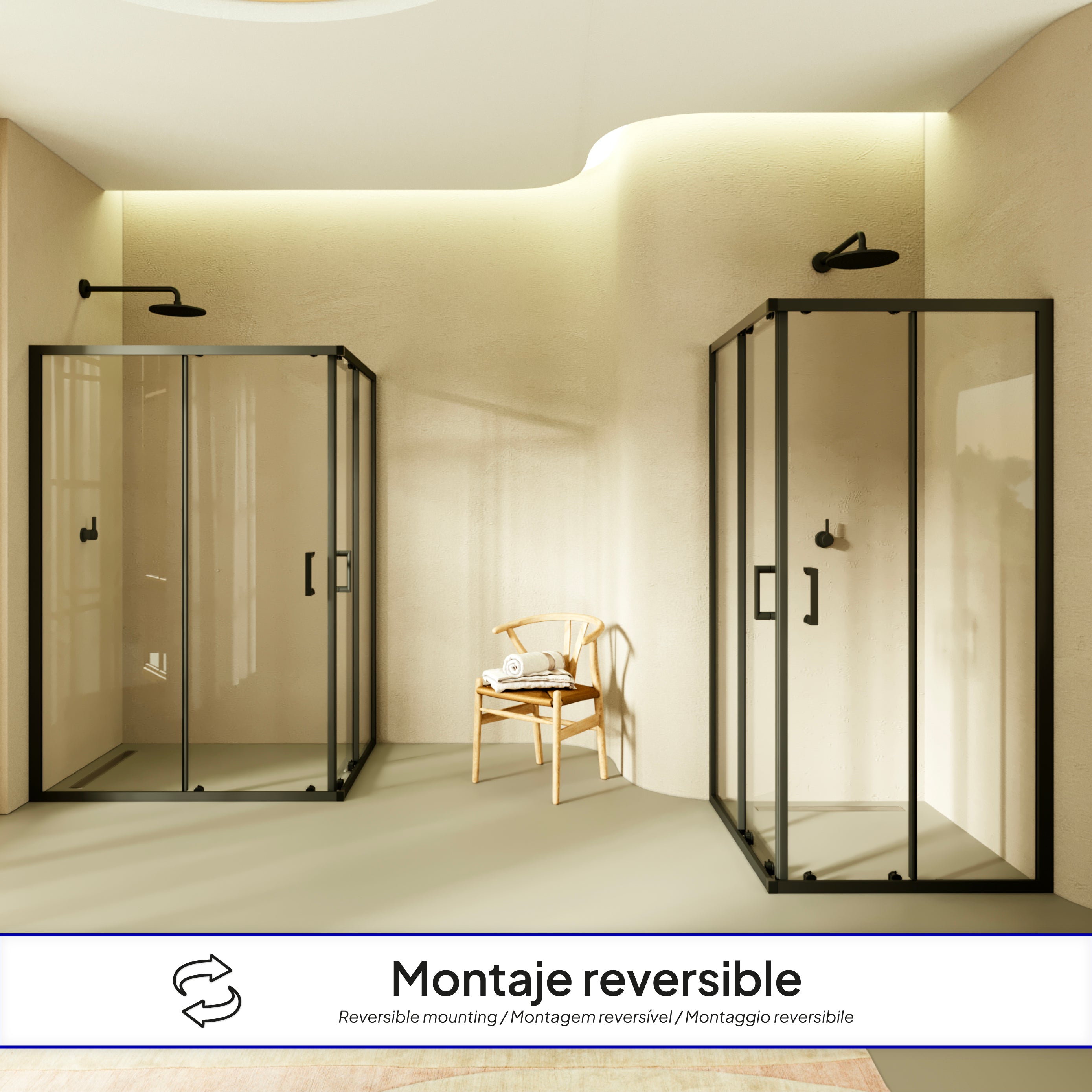 DIANA - Cabine de duche de canto com portas de correr, vidro temperado e perfil preto mate