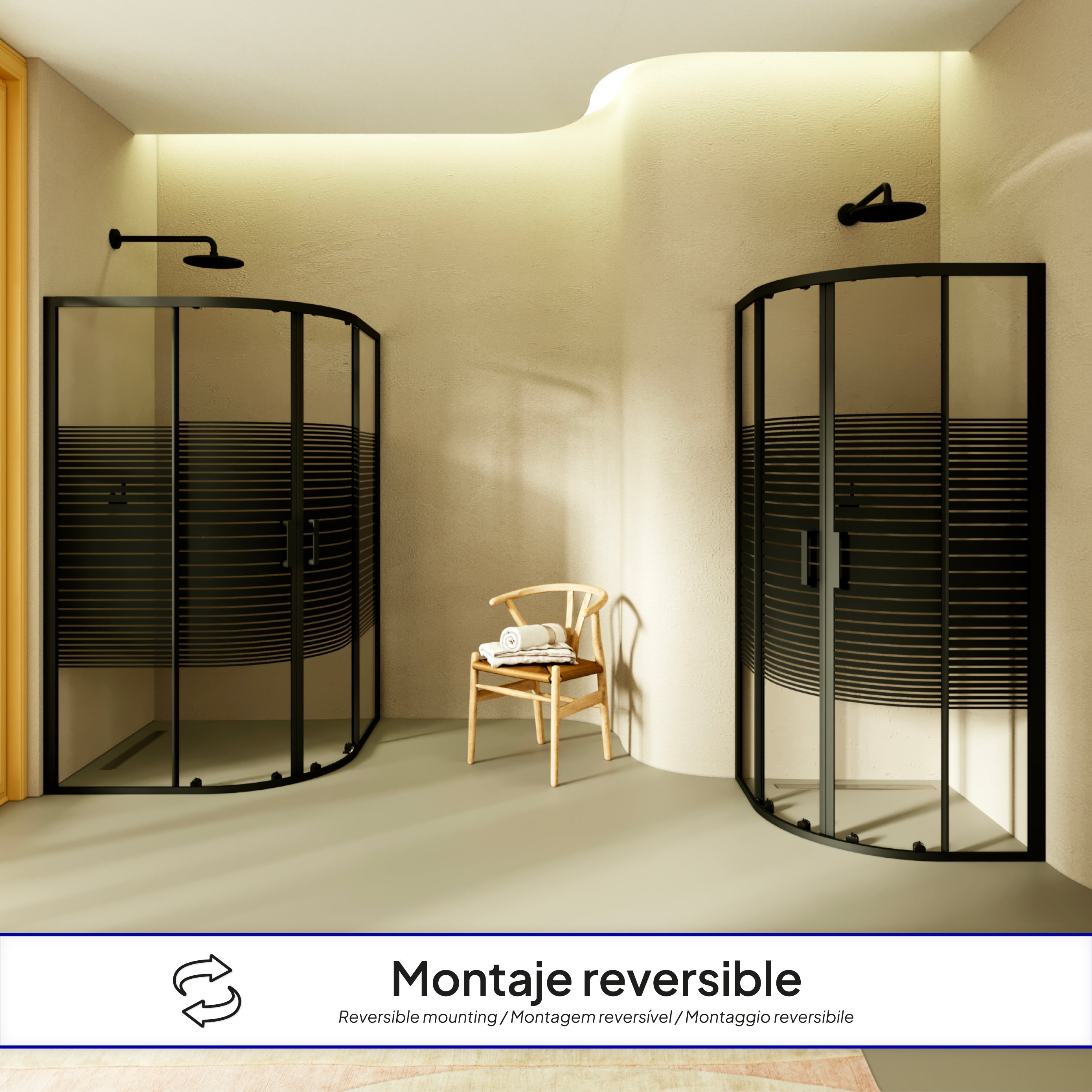 ELLA - Cabine de duche de quadrante com vidro transparente e linhas pretas