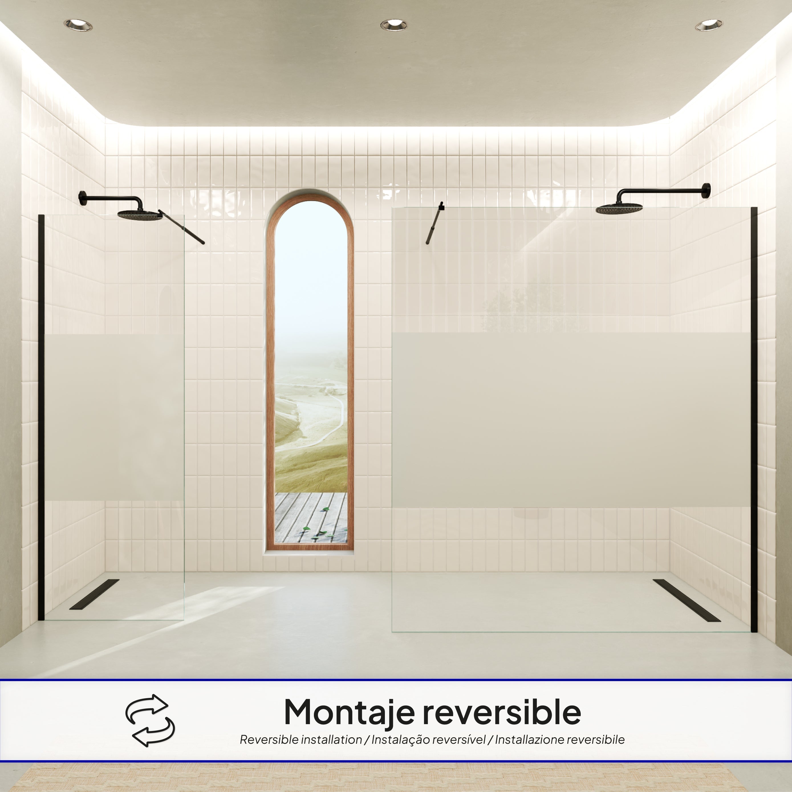 OLIVIA - Painel de duche Walk-In em vidro temperado meio fosco 10 mm com perfil preto mate