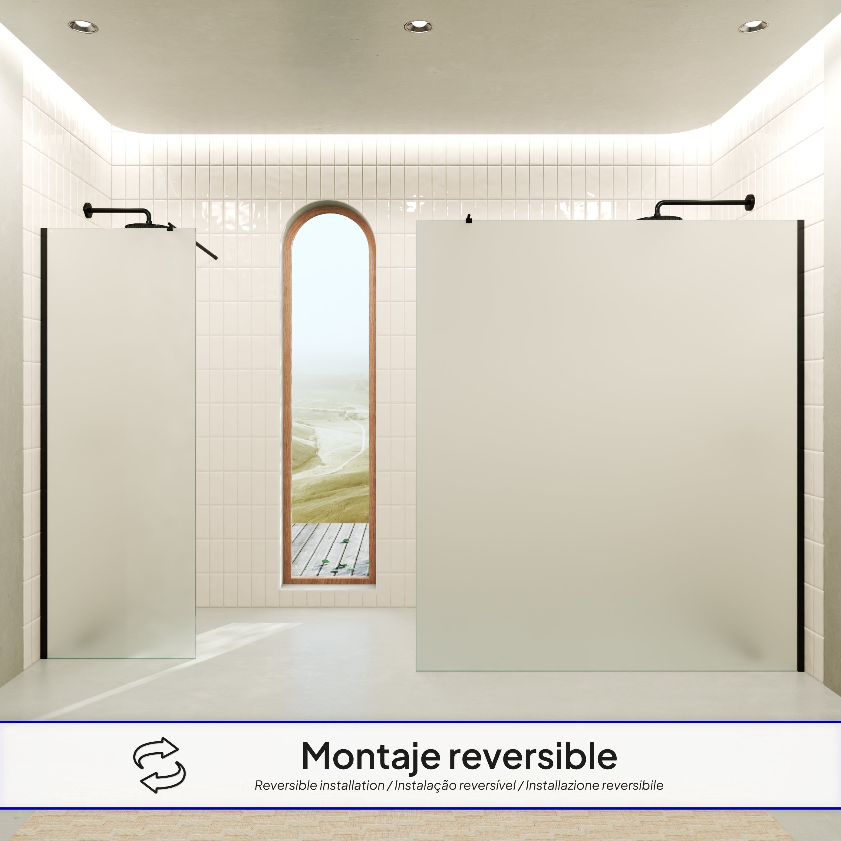 OLIVIA - Painel de duche Walk-In em vidro temperado fosco 10 mm com perfil preto mate