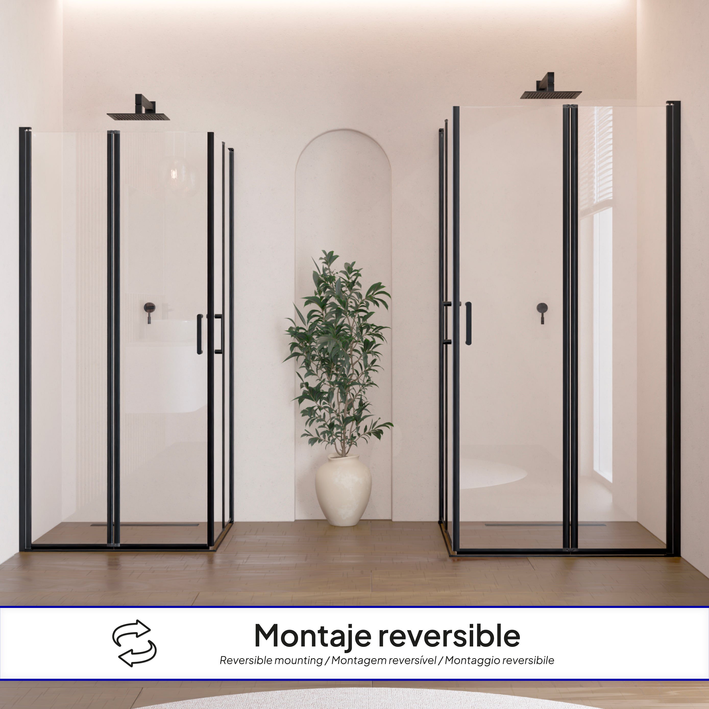 ALINA - Cabine de duche de canto com portas dobráveis em vidro temperado e perfil preto mate