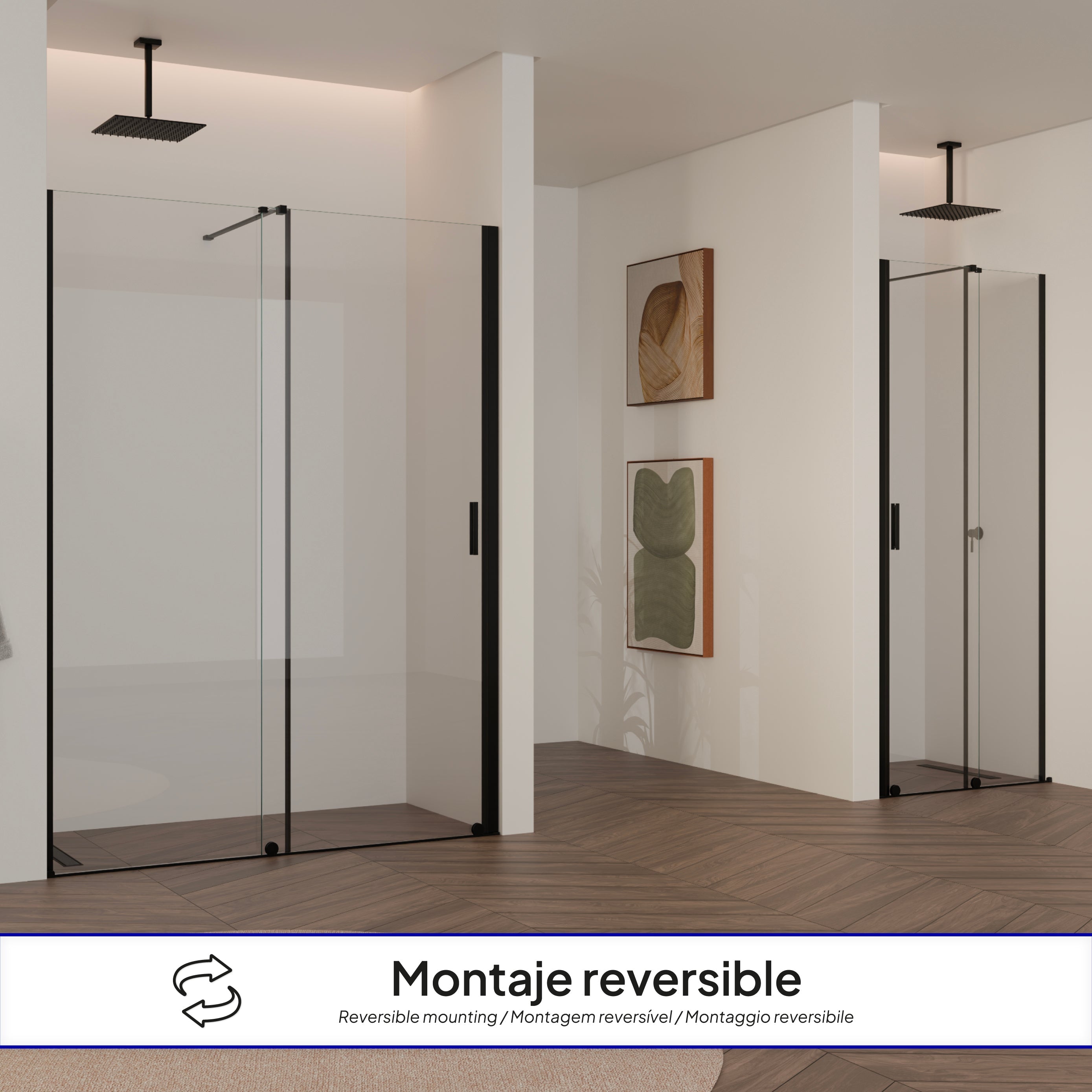 NADINE - Porta de duche com porta correr em vidro temperado 8 mm e perfil preto mate