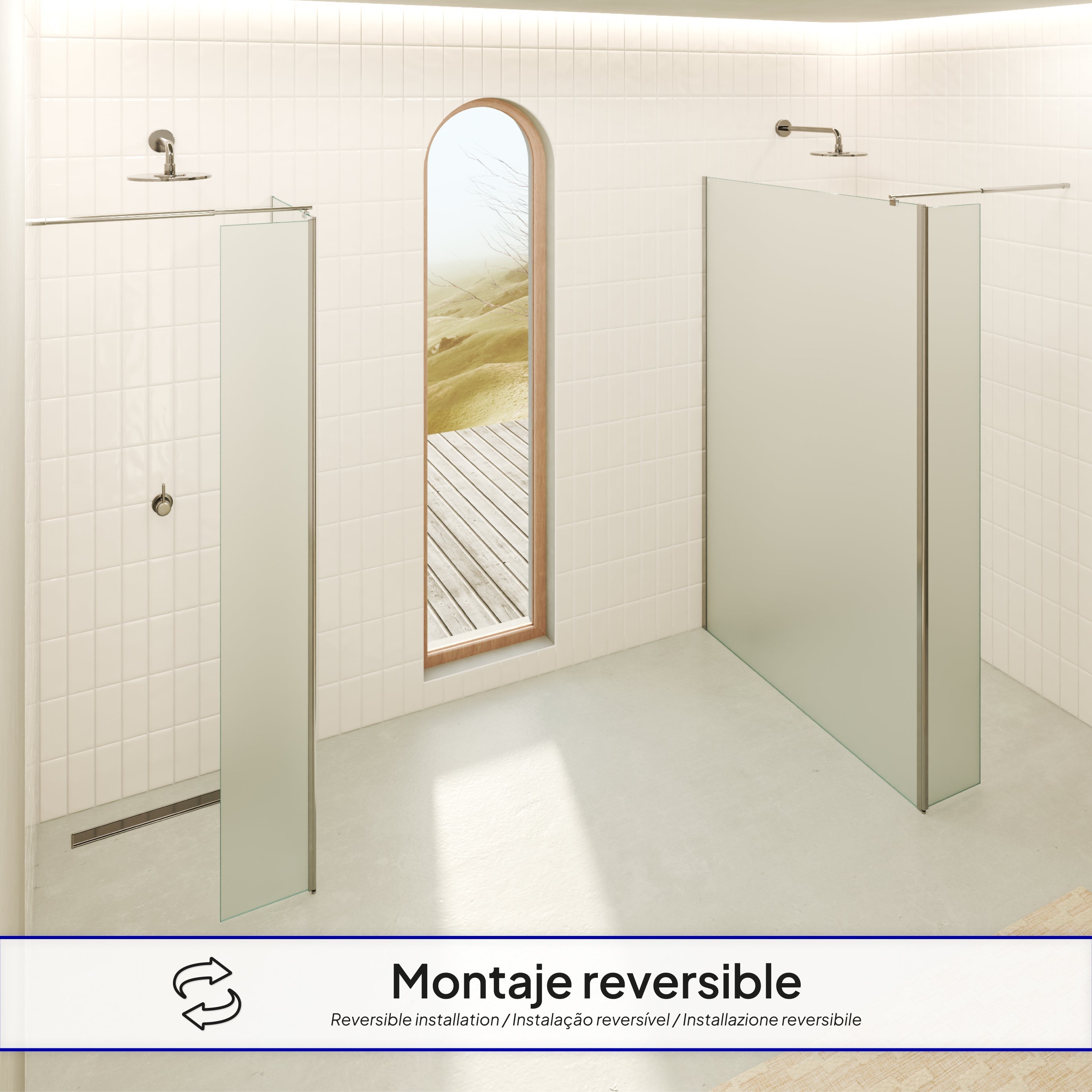 FIONA - Painel de duche Walk-In com painel lateral giratório em vidro temperado fosco 10 mm