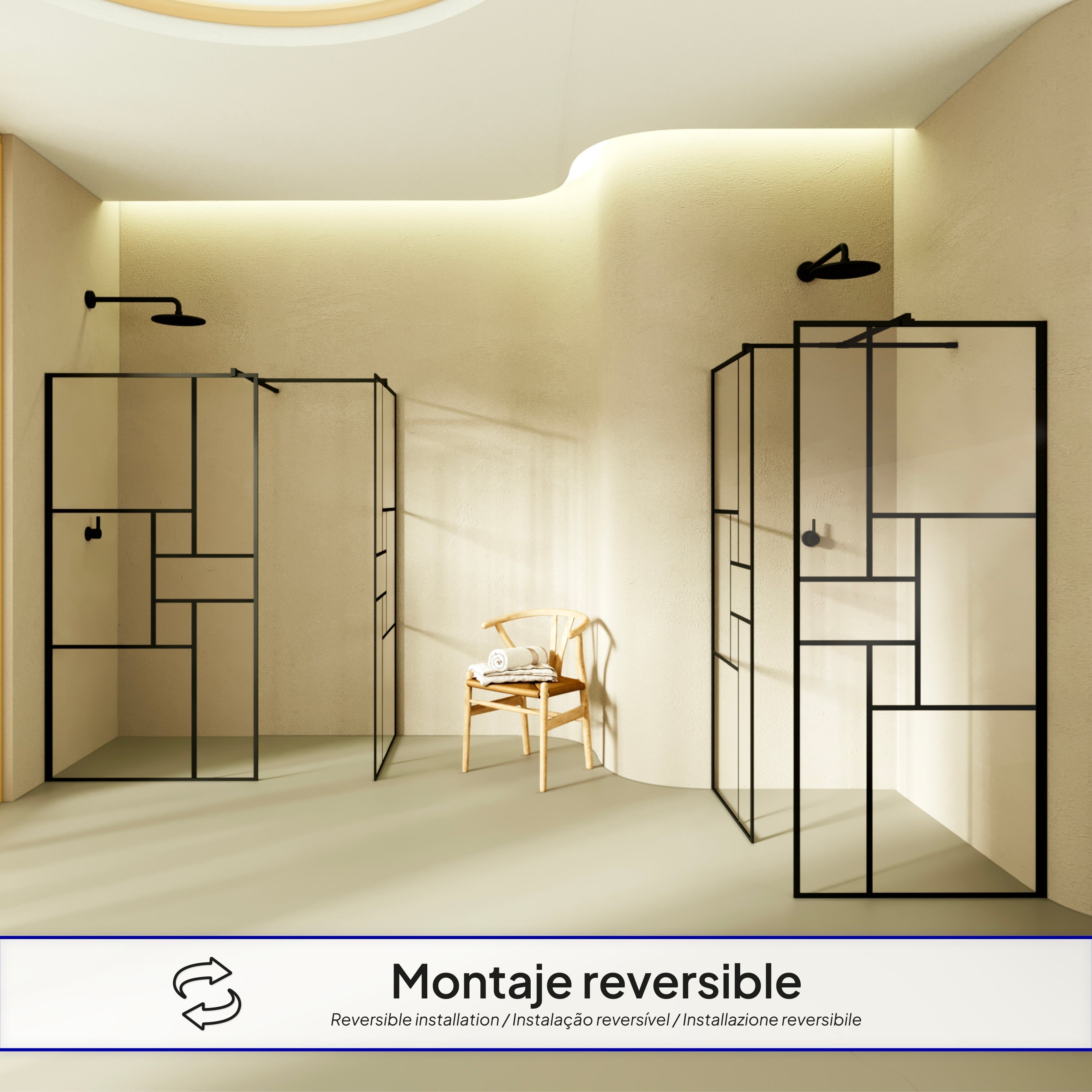 GIANNA - Painel de duche Walk-In com 2 painéis em vidro temperado com blocos e perfil preto mate