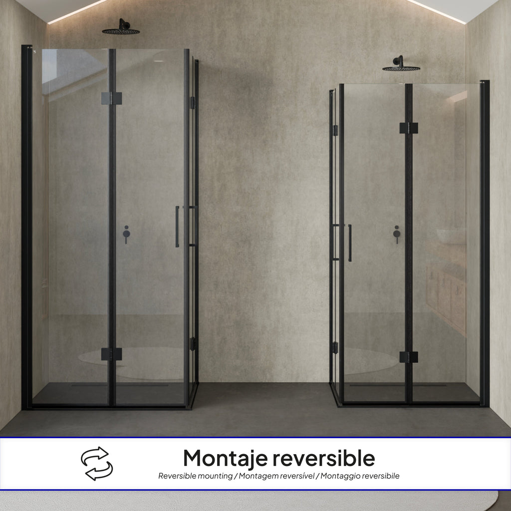 BELLE - Cabine de duche de canto com portas dobráveis em vidro temperado e perfil preto mate
