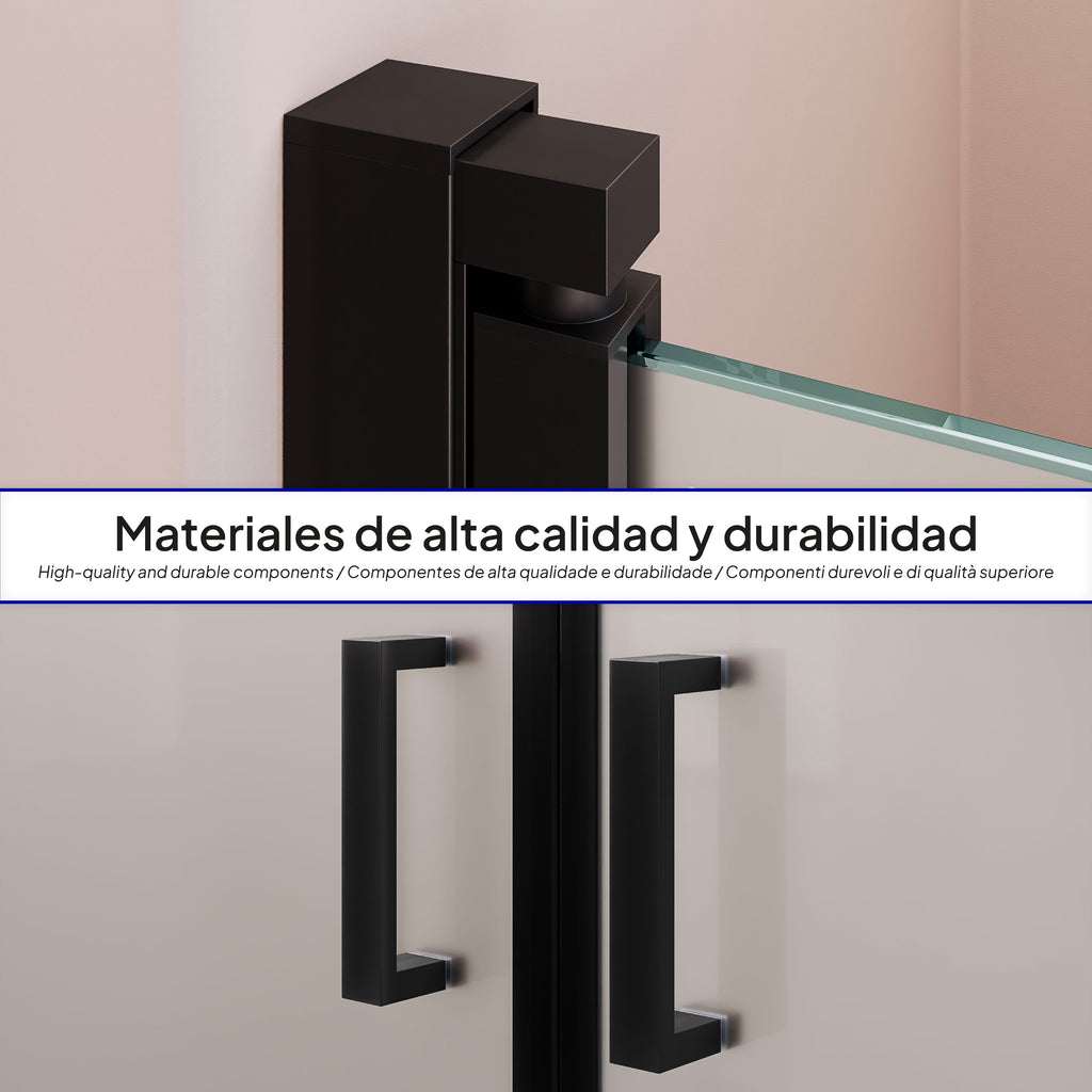 LARA - Puerta de ducha con puertas abatibles de cristal templado esmerilado de 6 mm y perfil negro mate
