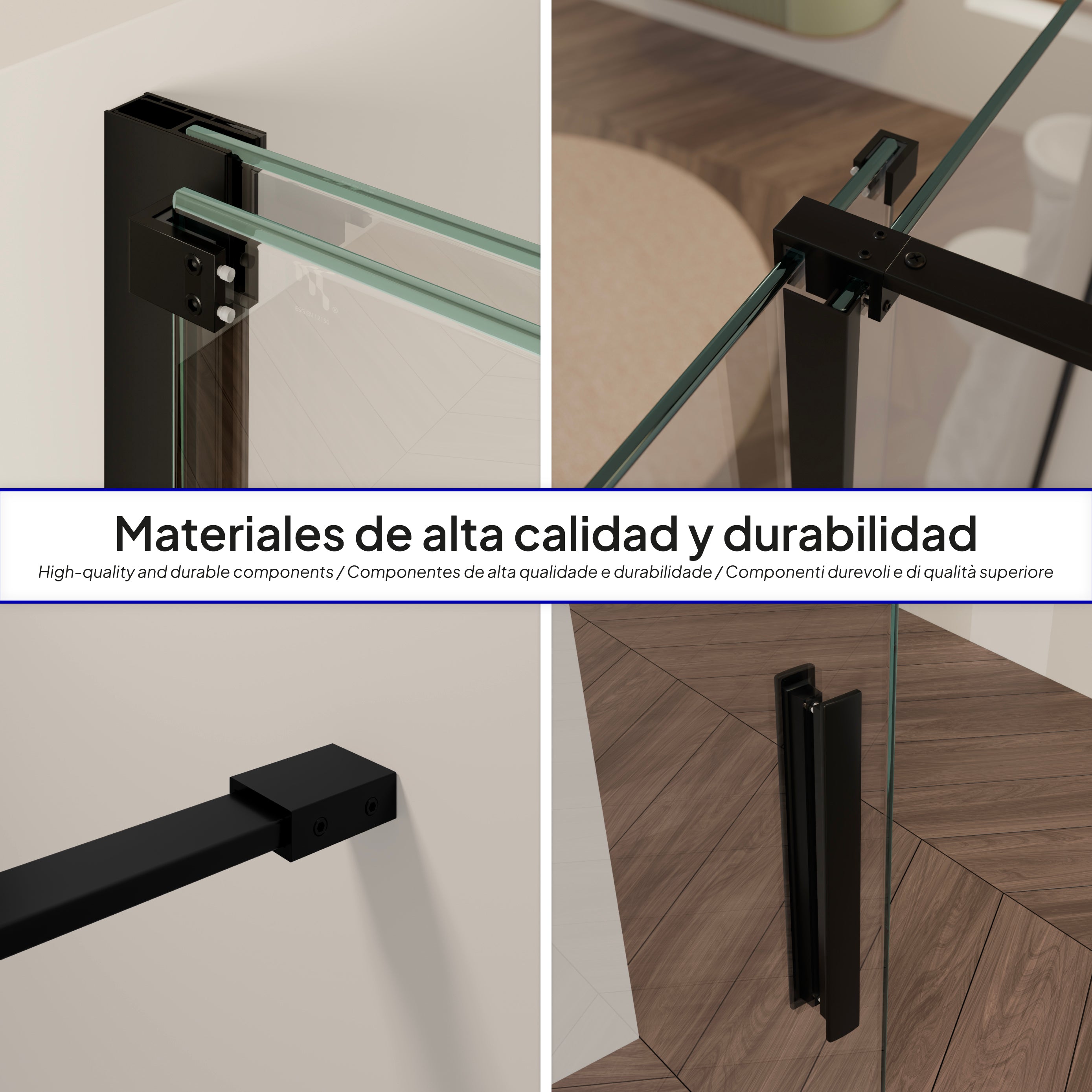 NADINE - Painel de duche Walk-In em vidro temperado 8 mm com perfil preto mate