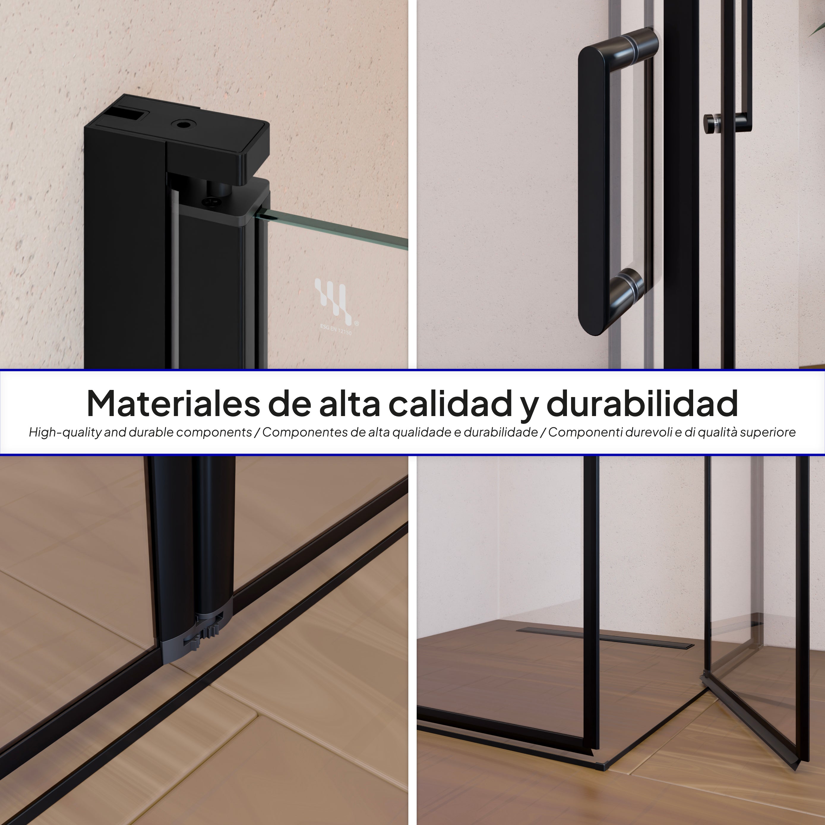 ALINA - Cabine de duche de canto com portas dobráveis em vidro temperado e perfil preto mate