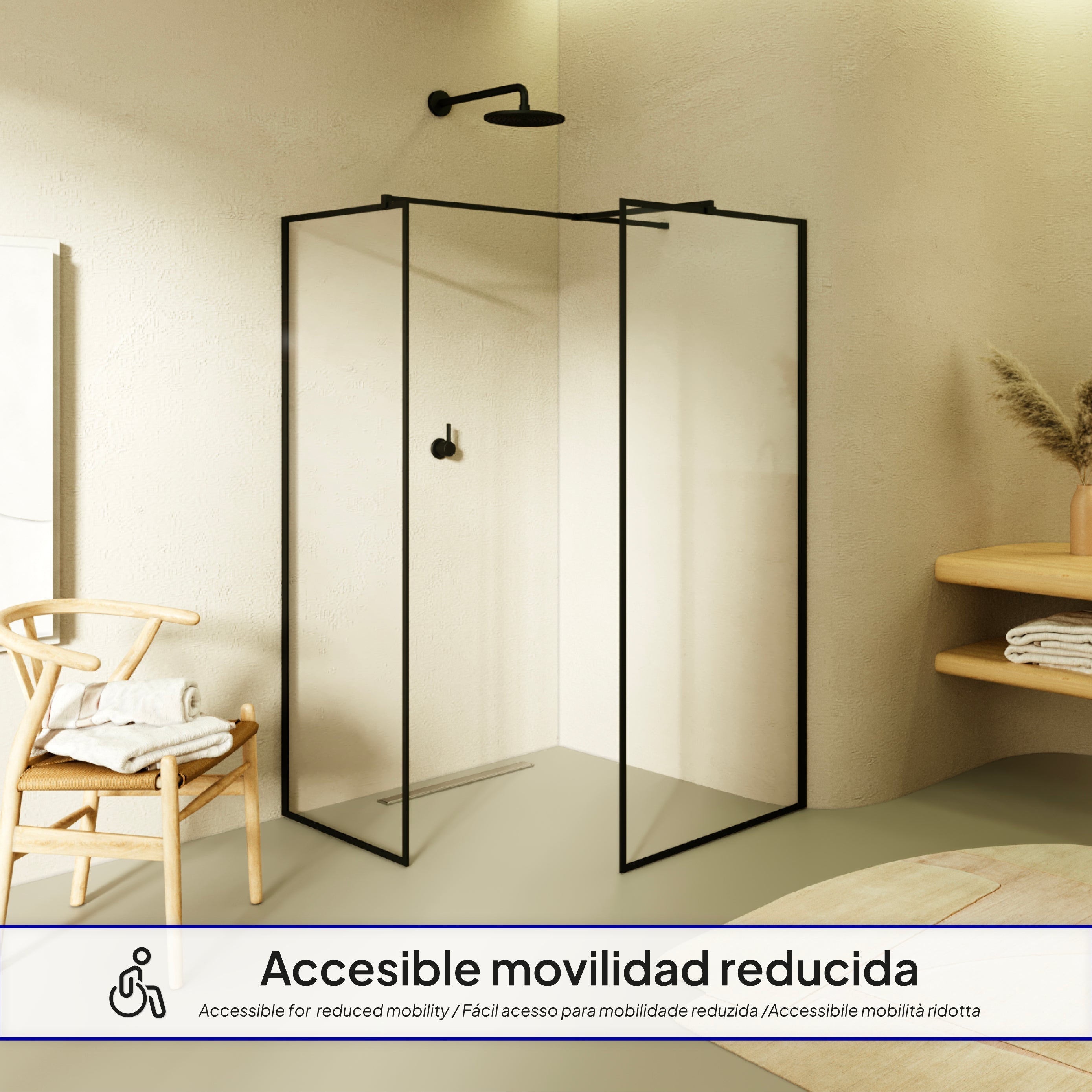 GIANNA - Painel de duche Walk-In com 2 painéis em vidro temperado com perfil preto mate