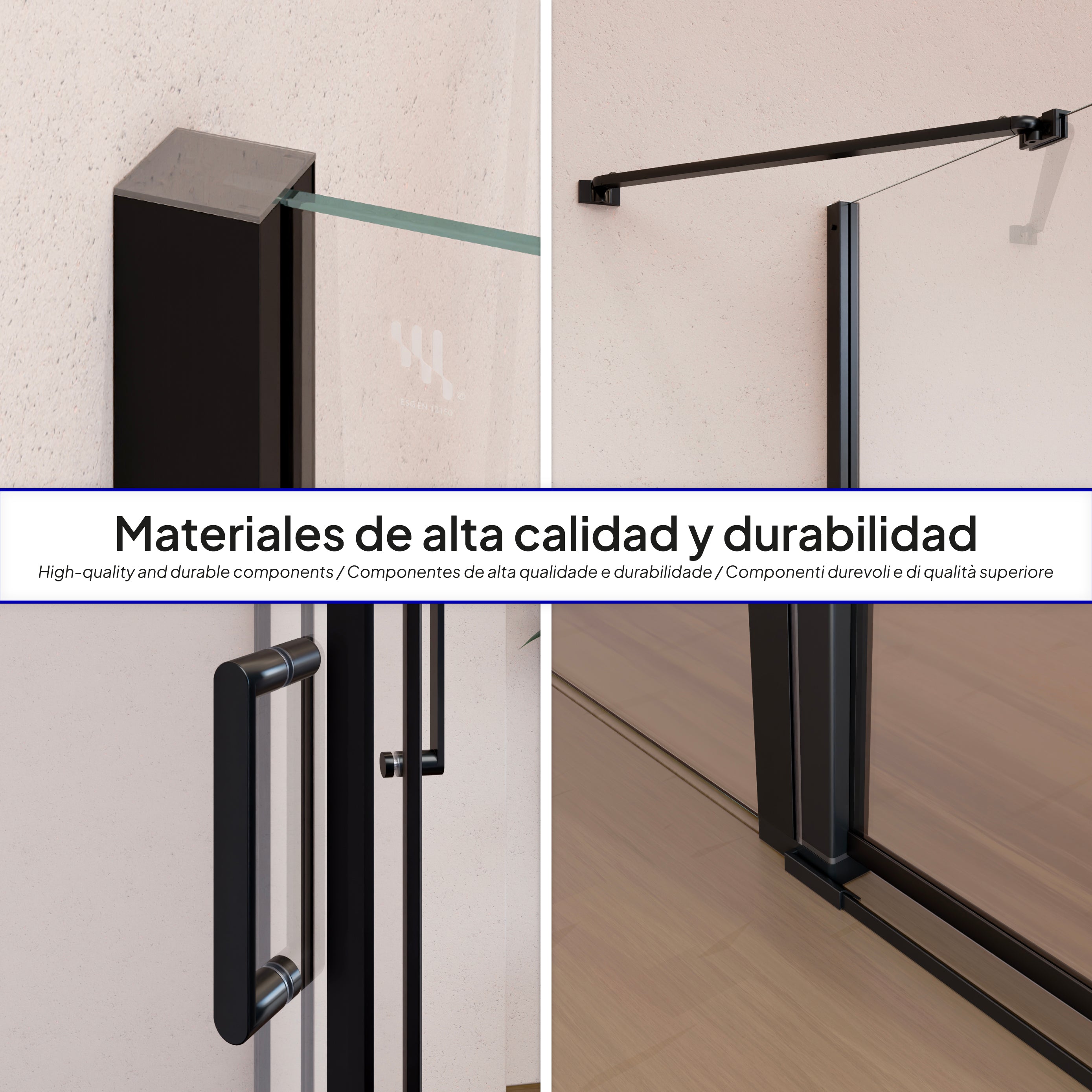 LINDA - Cabine de duche de canto com portas articuladas em vidro temperado e perfil preto mate