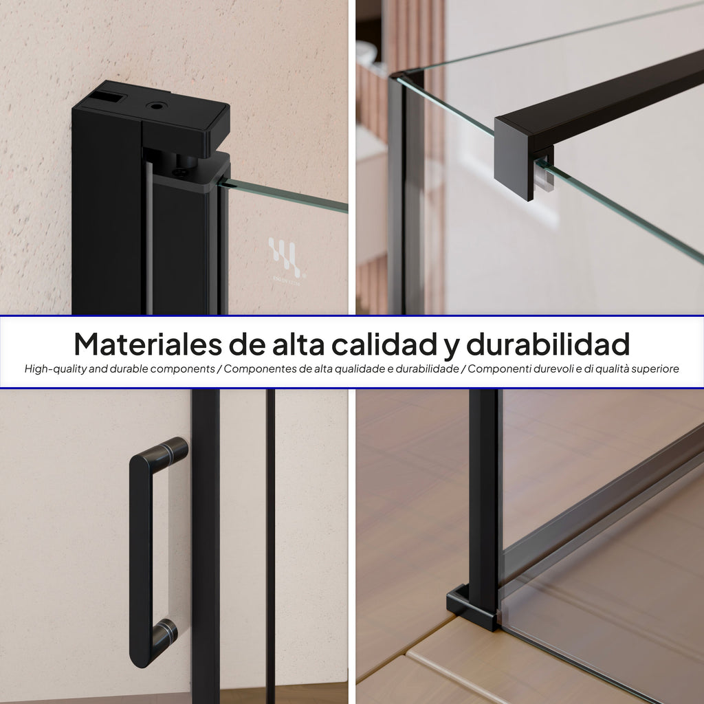 HELLEN - Cabine de duche frontal com portas articuladas em vidro temperado e perfil preto mate