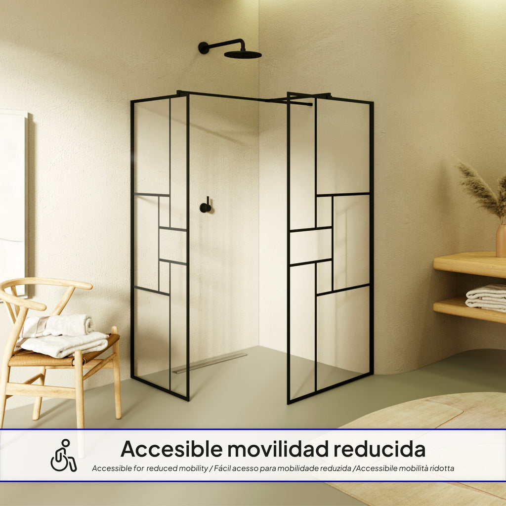 GIANNA - Mampara de ducha walk-in con 2 paneles de cristal templado con bloques y perfil negro mate